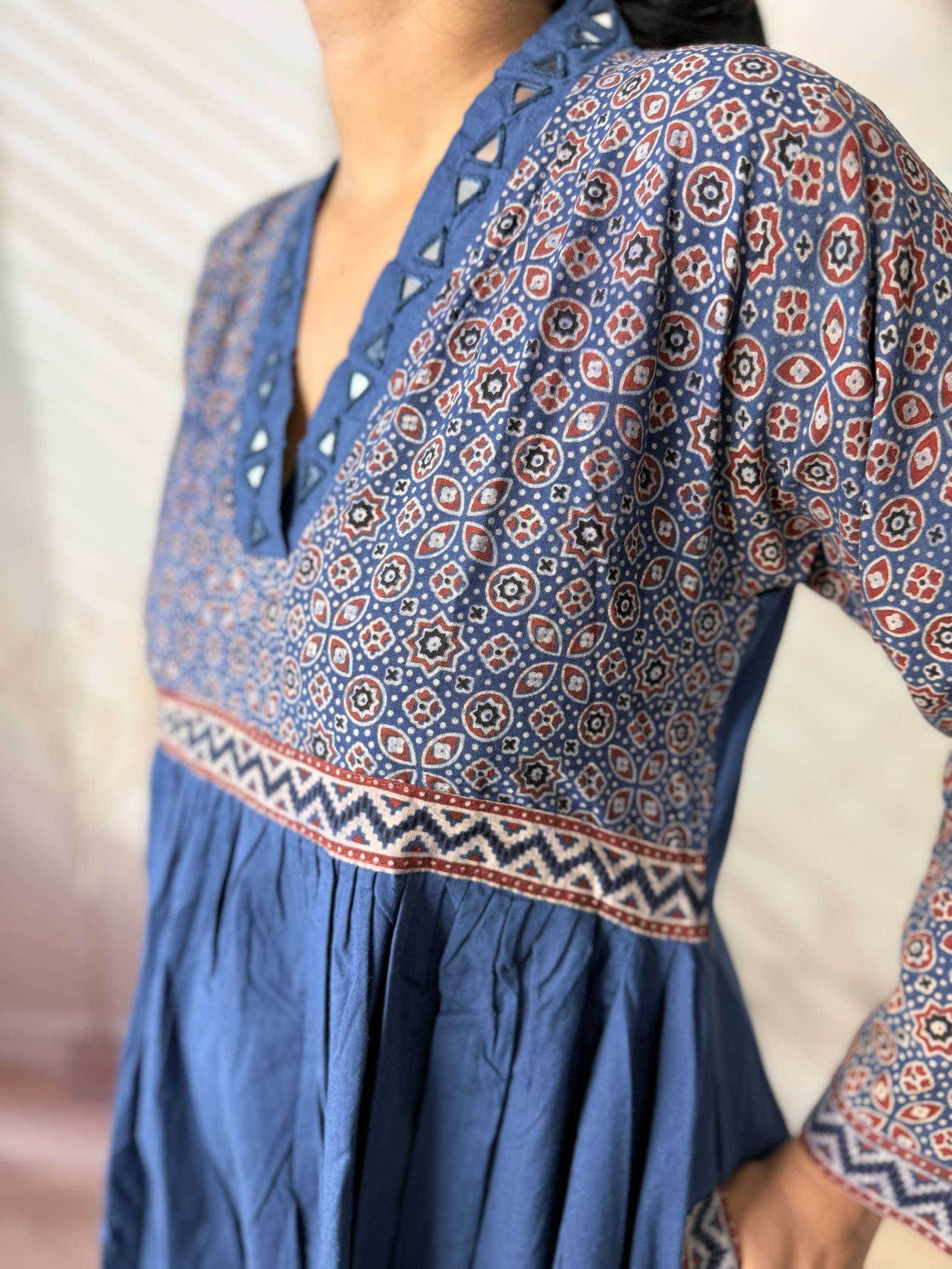 Anni Ajarakh Plain Mirror V Neck Cotton Long Kurti/One Piece