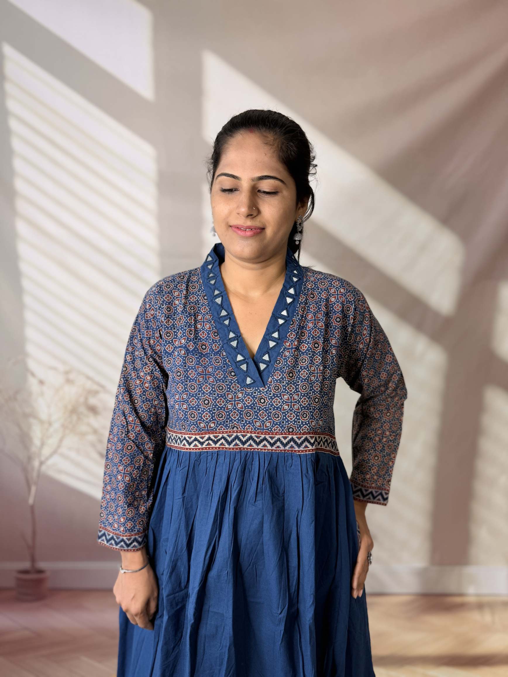 Anni Ajarakh Plain Mirror V Neck Cotton Long Kurti/One Piece