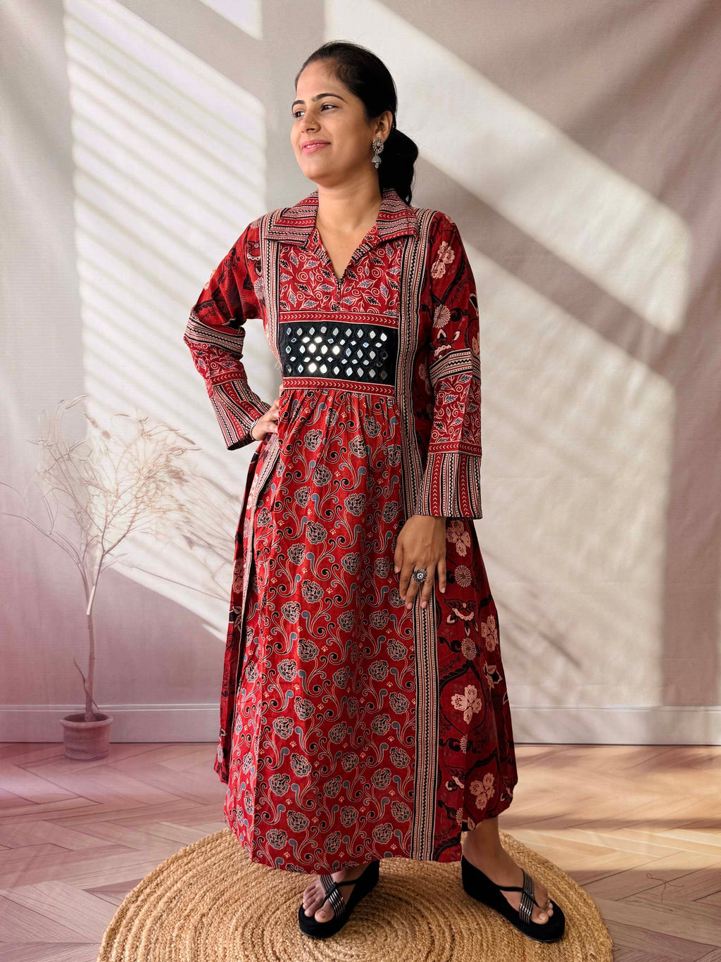 Swara Ajarakh Flap Collar & Mirror Cotton Long Kurti/One Piece