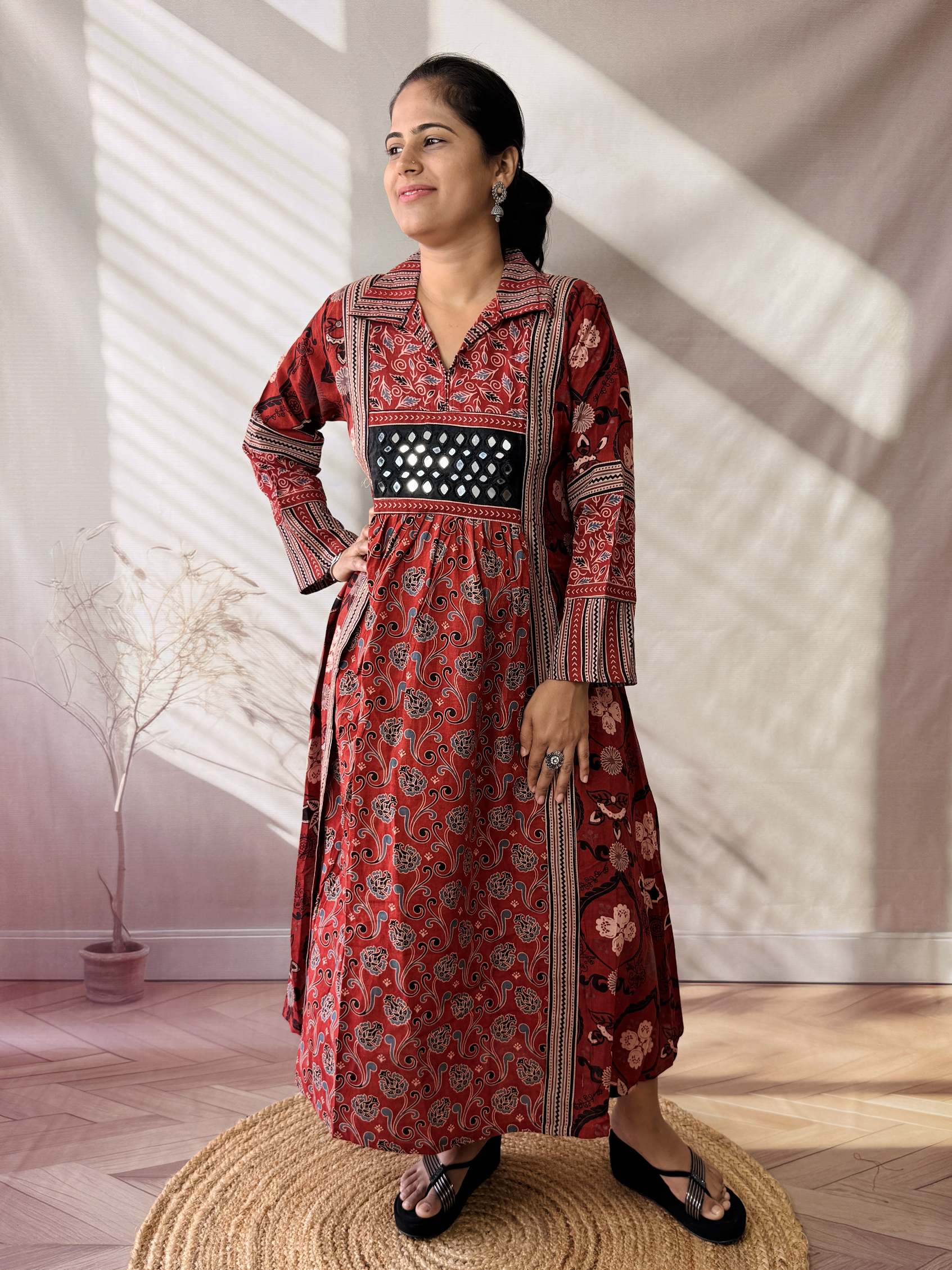 Swara Ajarakh Flap Collar & Mirror Cotton Long Kurti/One Piece
