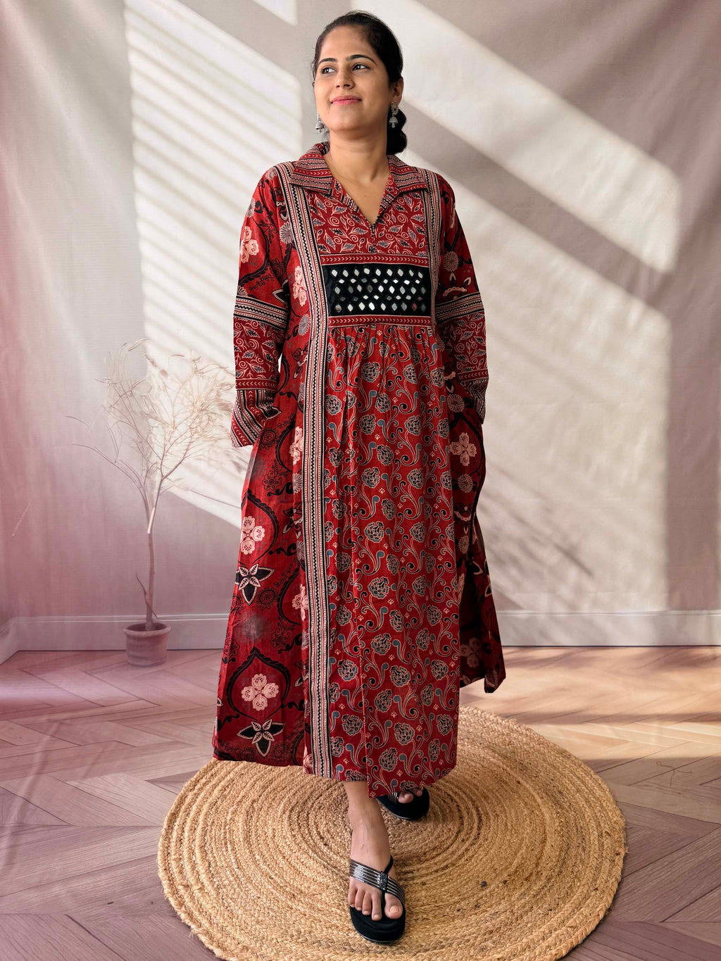 Swara Ajarakh Flap Collar & Mirror Cotton Long Kurti/One Piece