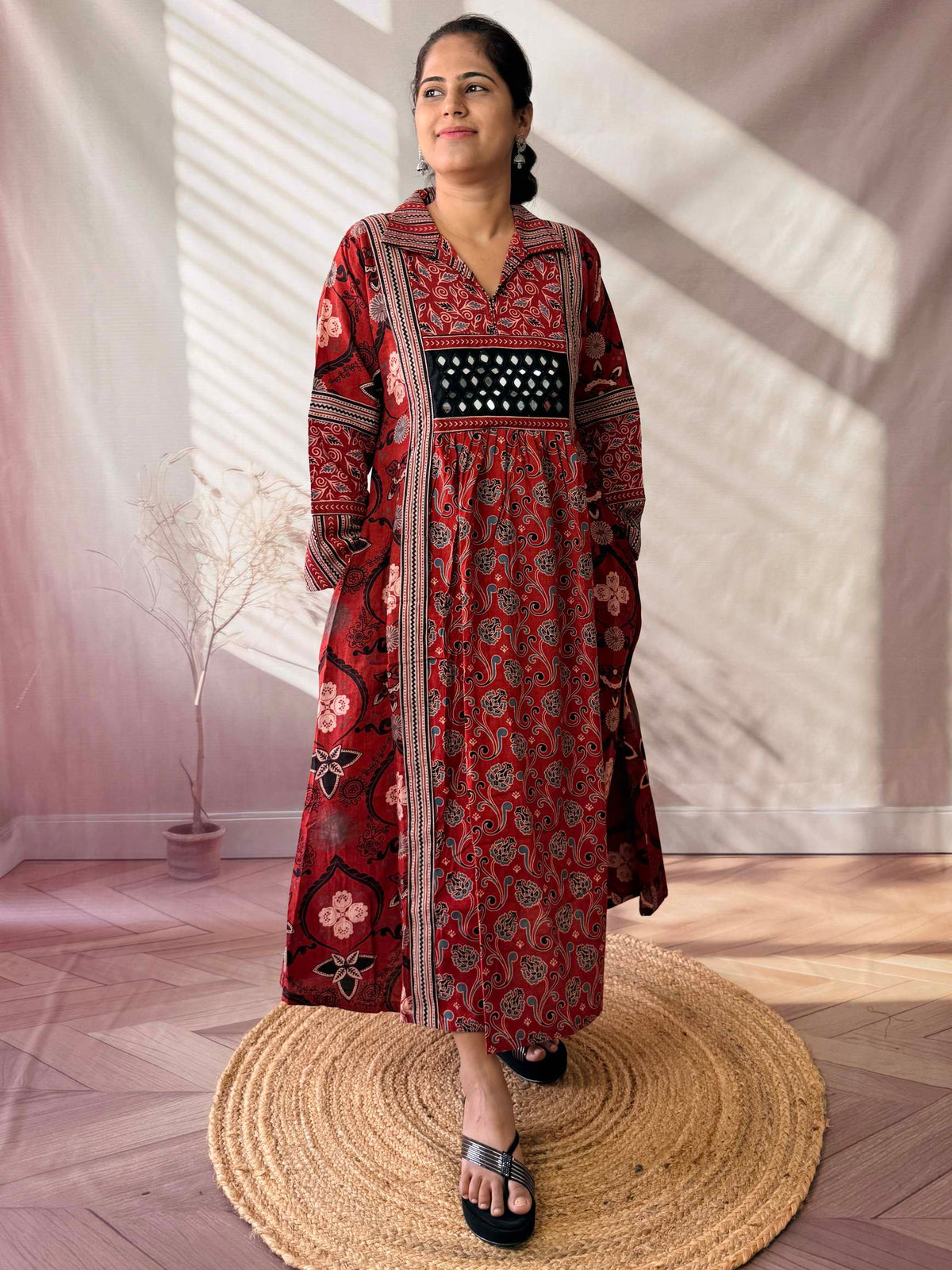 Swara Ajarakh Flap Collar & Mirror Cotton Long Kurti/One Piece