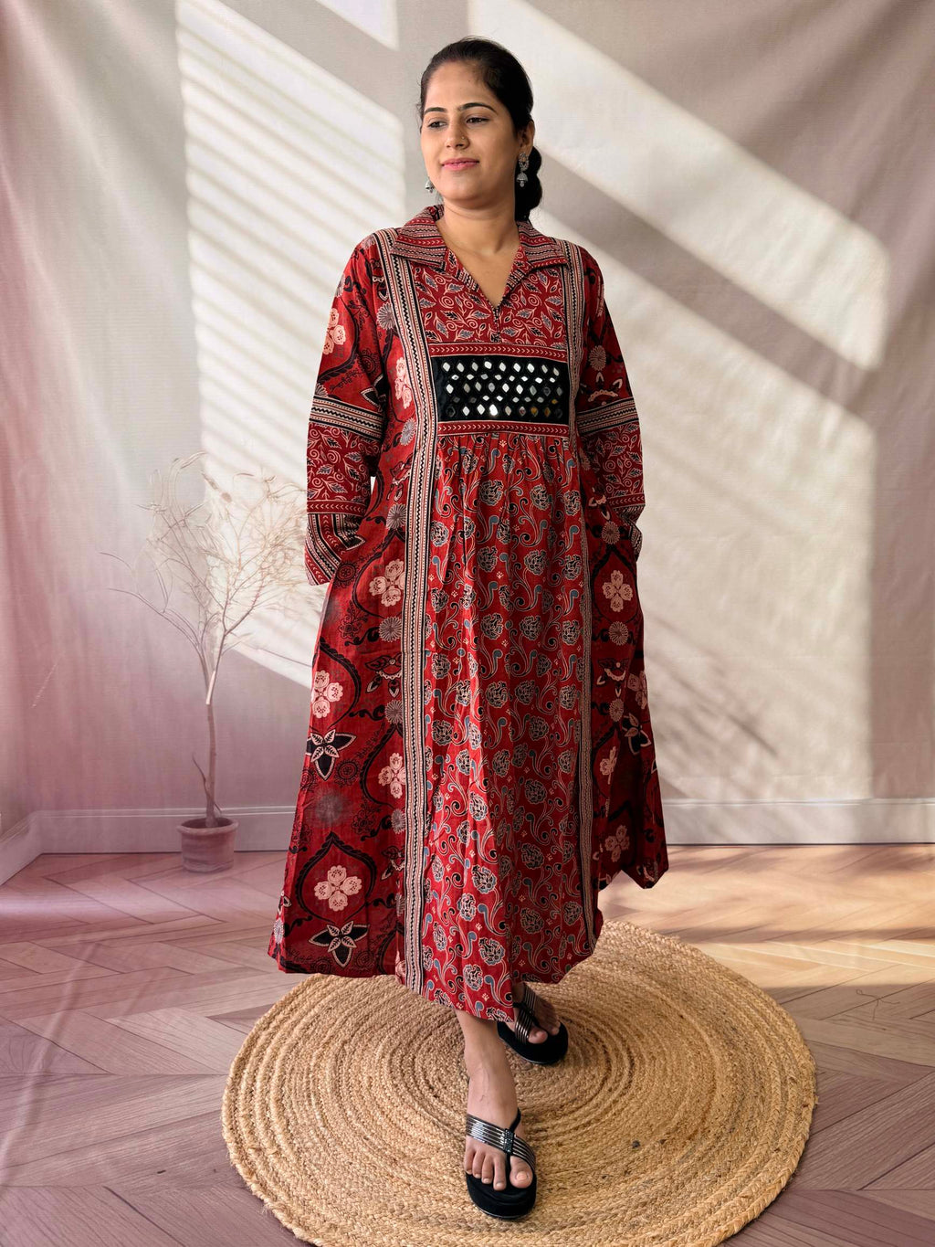 Swara Ajarakh Flap Collar & Mirror Cotton Long Kurti/One Piece