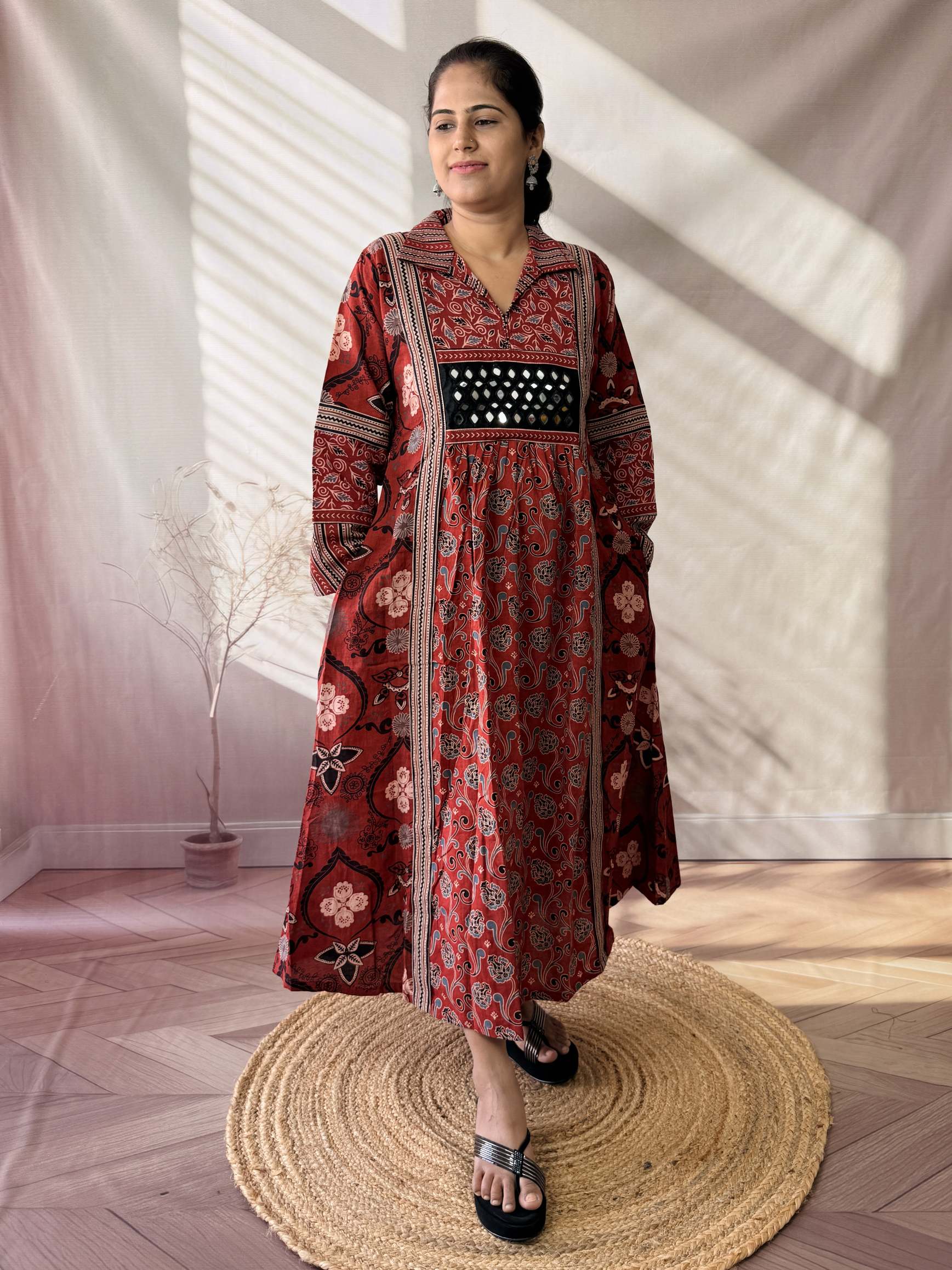 Swara Ajarakh Flap Collar & Mirror Cotton Long Kurti/One Piece