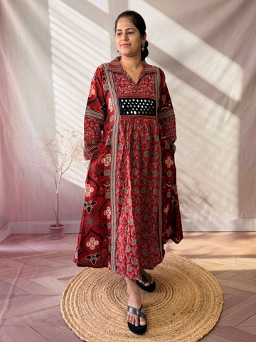 Swara Ajarakh Flap Collar & Mirror Cotton Long Kurti/One Piece