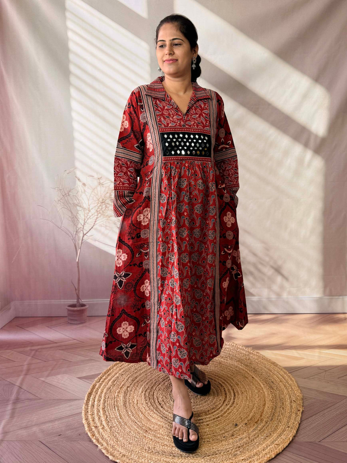 Swara Ajarakh Flap Collar & Mirror Cotton Long Kurti/One Piece