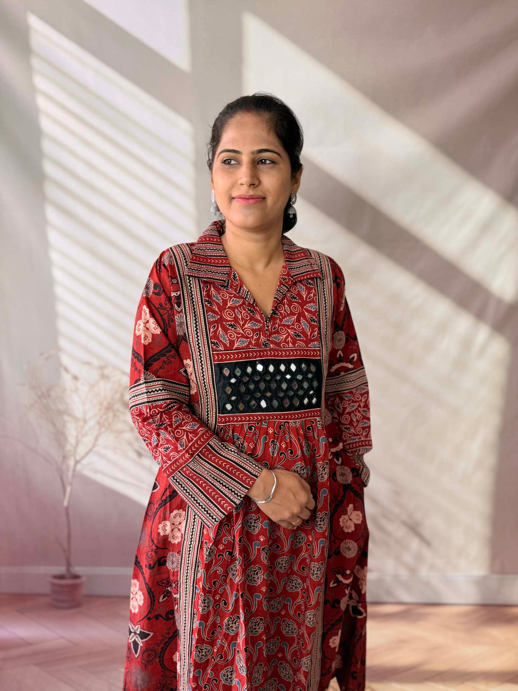 Swara Ajarakh Flap Collar & Mirror Cotton Long Kurti/One Piece