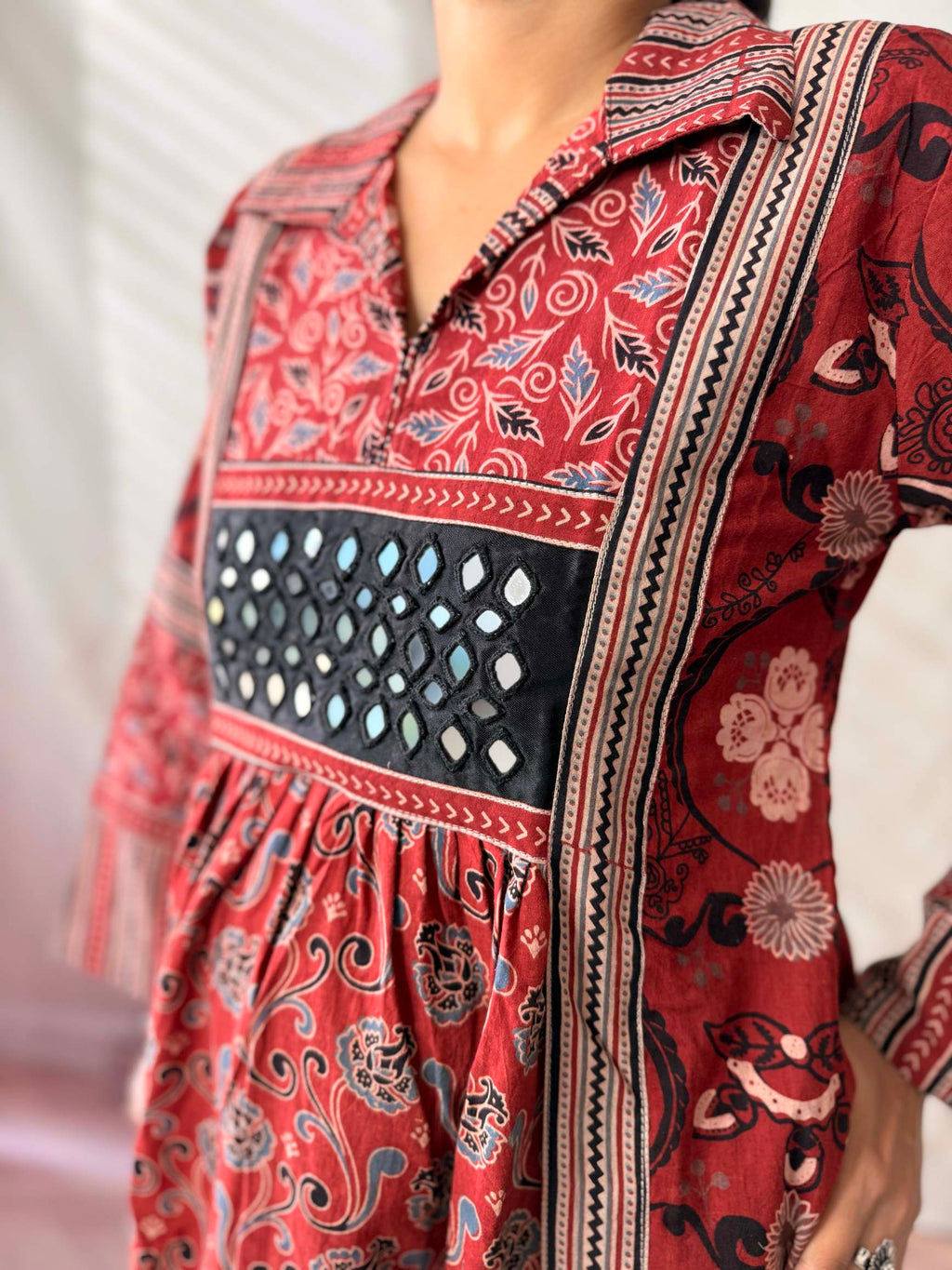 Swara Ajarakh Flap Collar & Mirror Cotton Long Kurti/One Piece