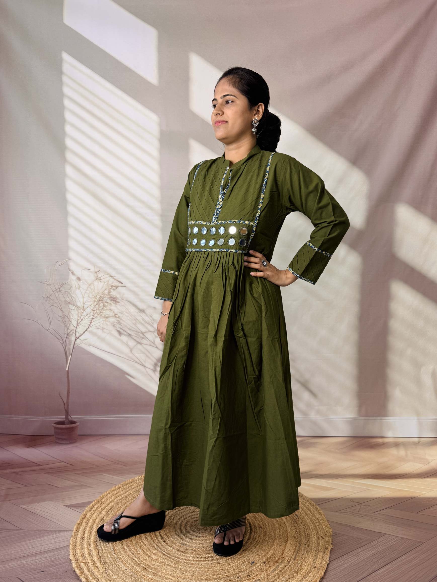 Preet Plain Mirror Stand Collar Cotton Long Kurti/One Piece