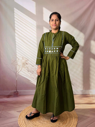 Preet Plain Mirror Stand Collar Cotton Long Kurti/One Piece