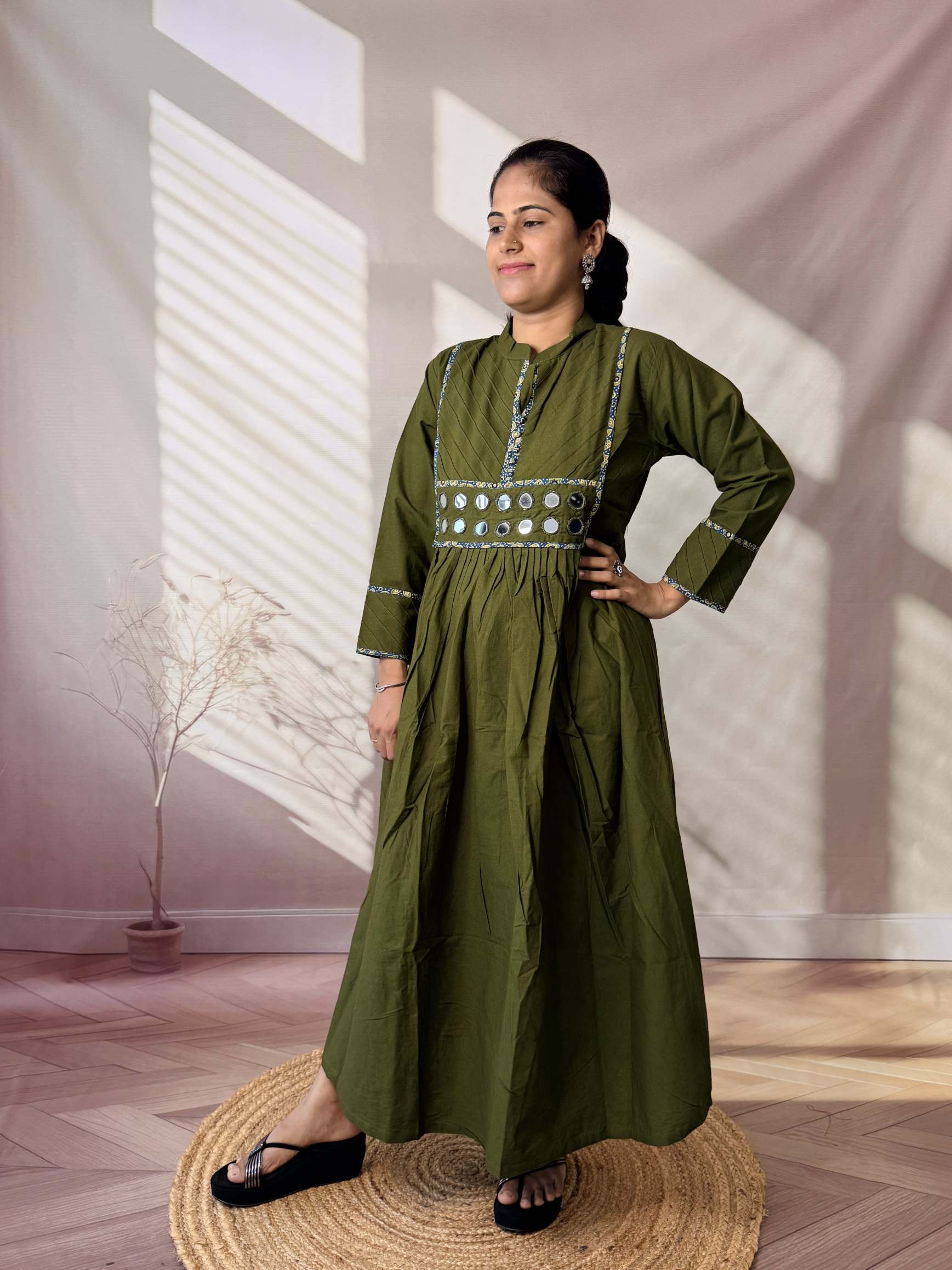 Preet Plain Mirror Stand Collar Cotton Long Kurti/One Piece