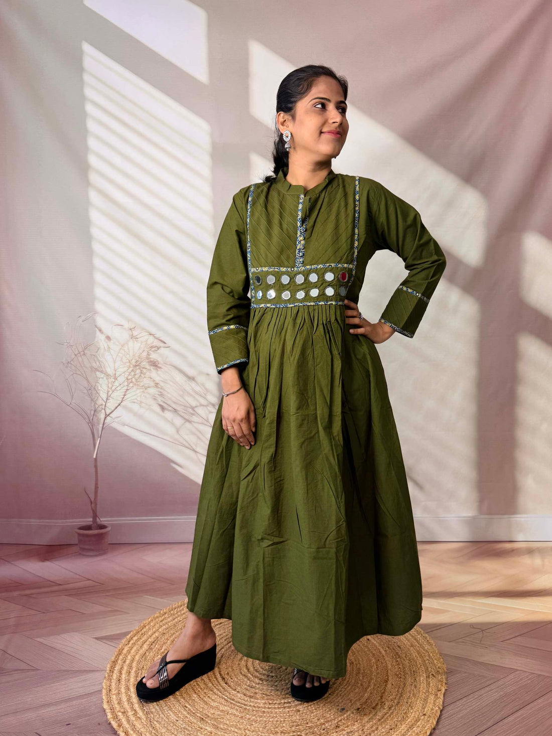 Preet Plain Mirror Stand Collar Cotton Long Kurti/One Piece