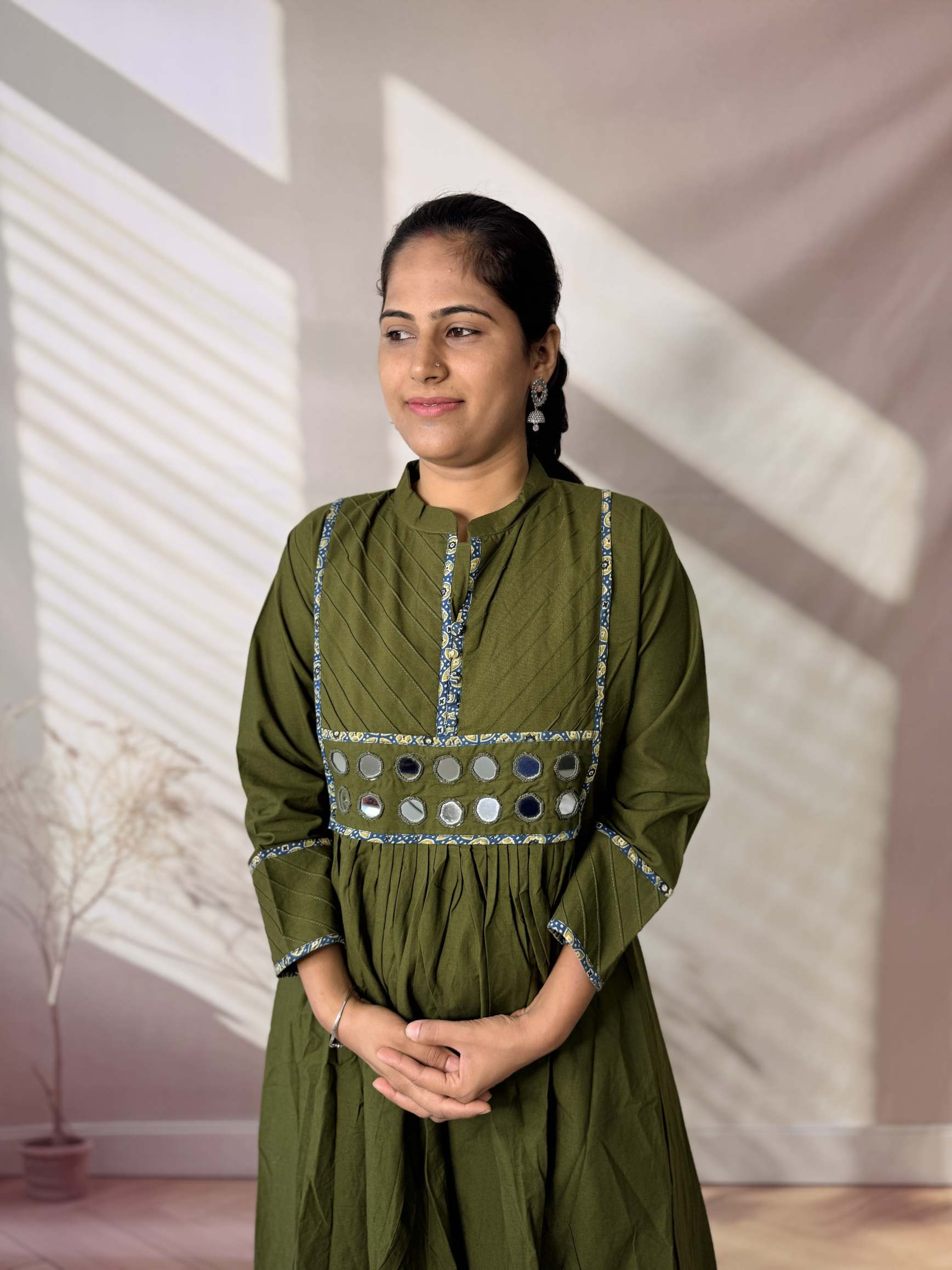 Preet Plain Mirror Stand Collar Cotton Long Kurti/One Piece
