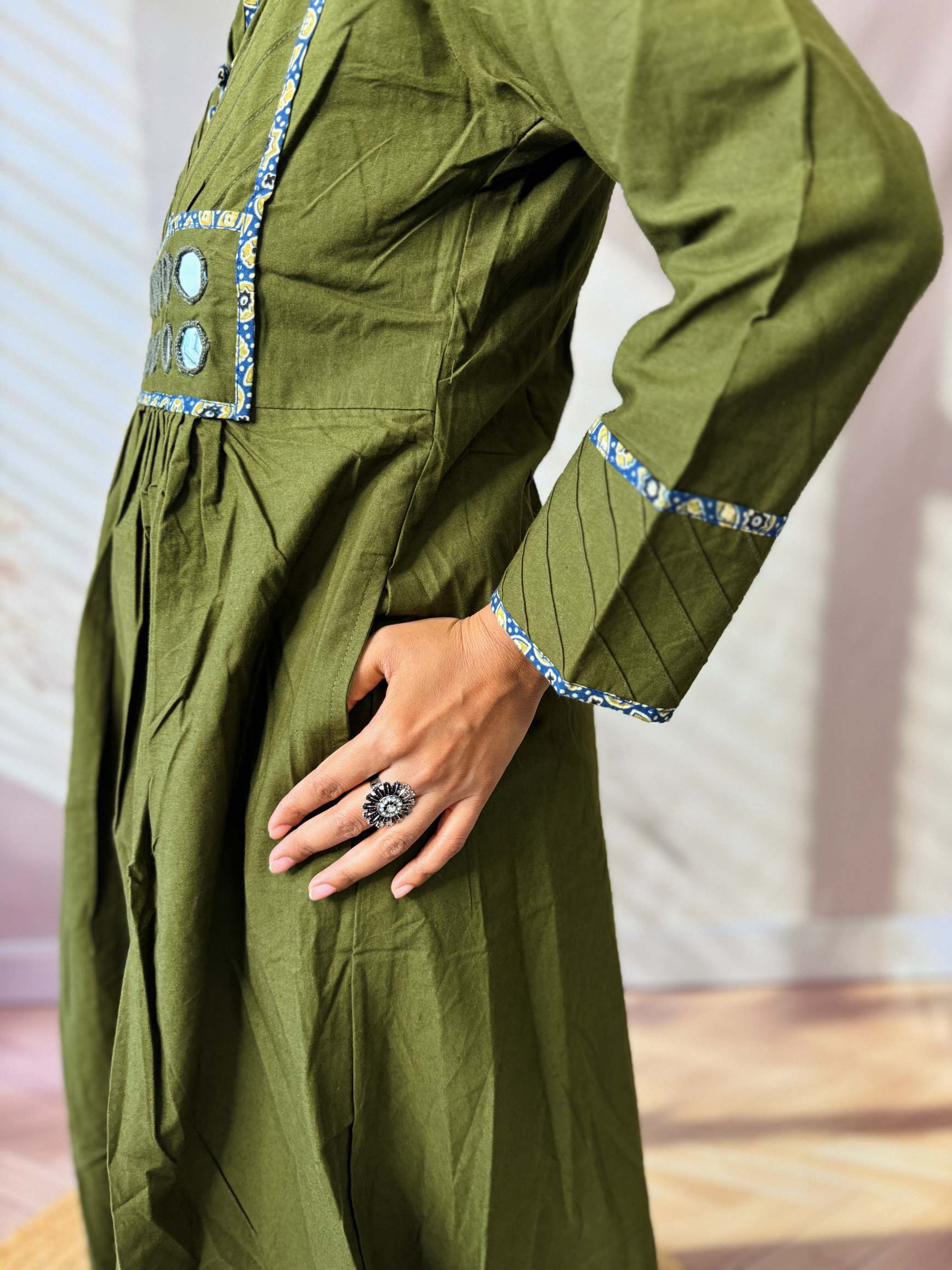 Preet Plain Mirror Stand Collar Cotton Long Kurti/One Piece