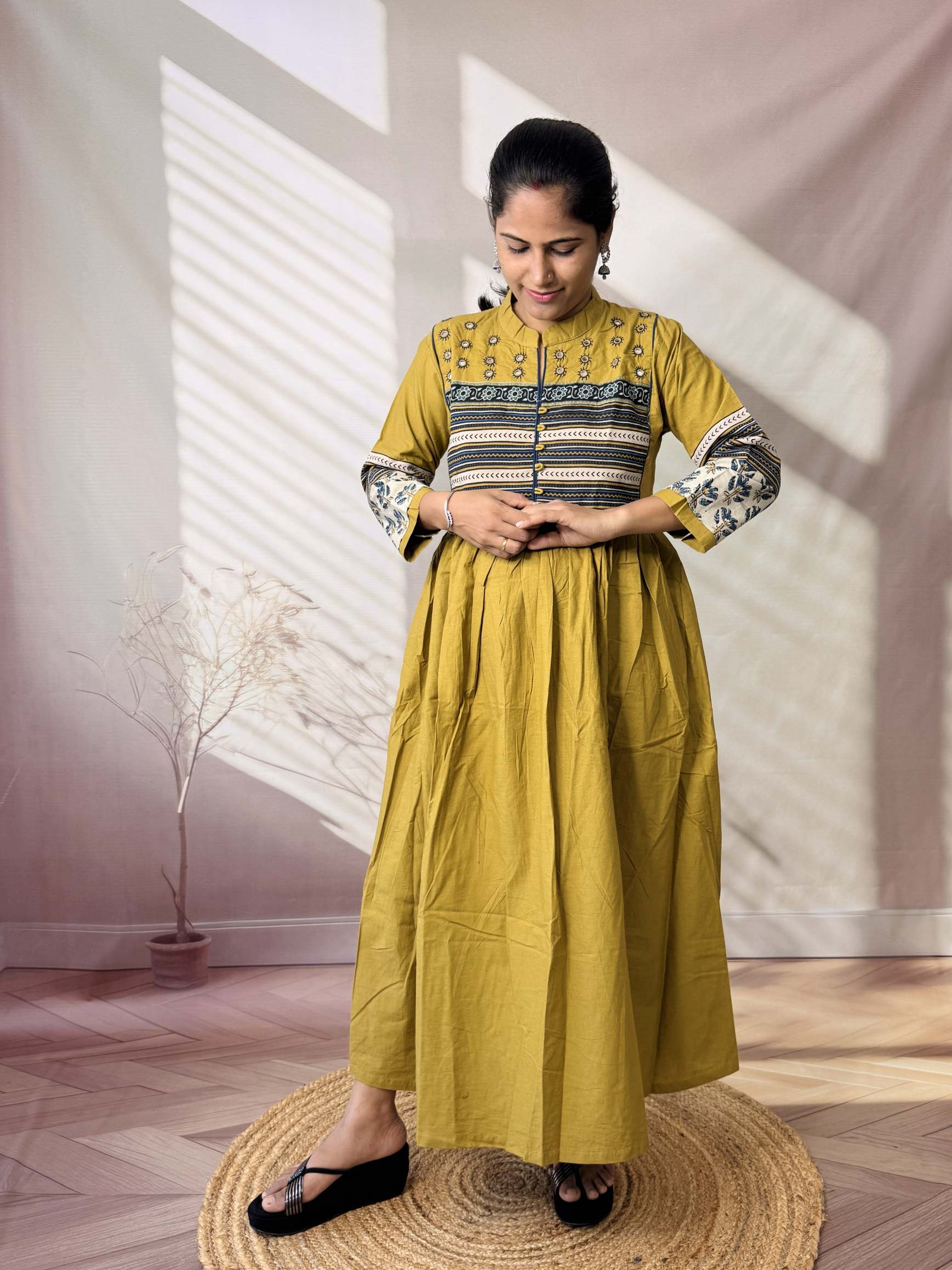 Reeva Ajarakh Plain Kutch Mirror Cotton Long Kurti/One Piece