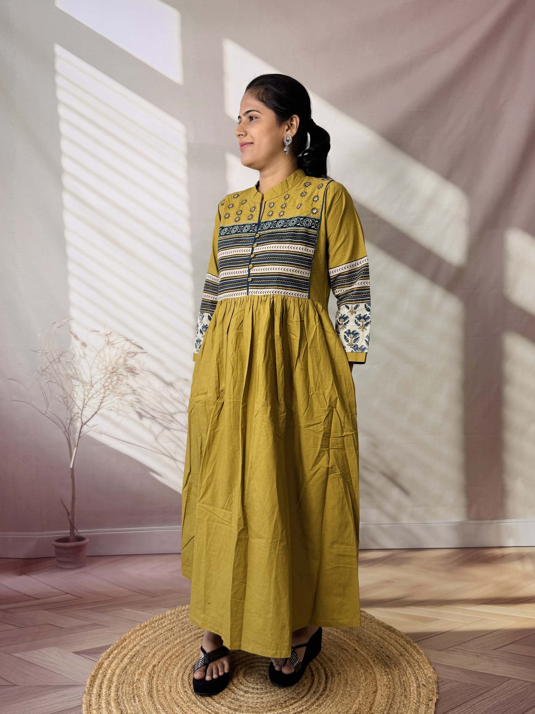Reeva Ajarakh Plain Kutch Mirror Cotton Long Kurti/One Piece