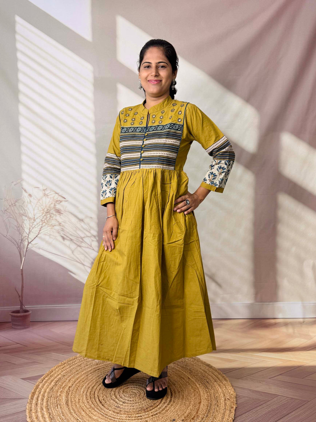 Reeva Ajarakh Plain Kutch Mirror Cotton Long Kurti/One Piece
