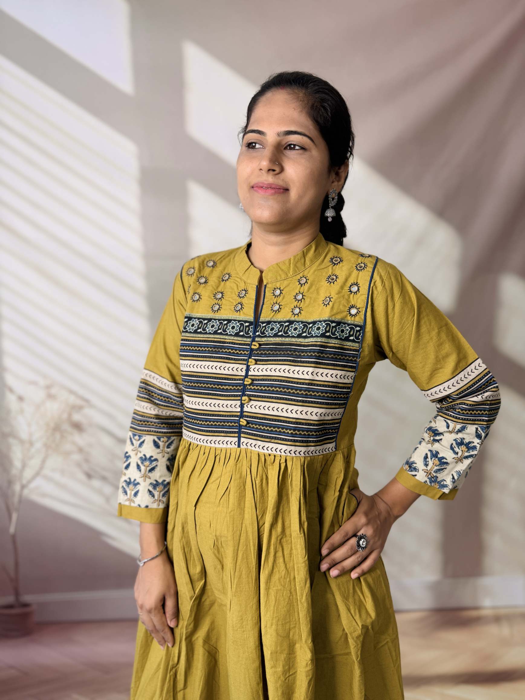 Reeva Ajarakh Plain Kutch Mirror Cotton Long Kurti/One Piece