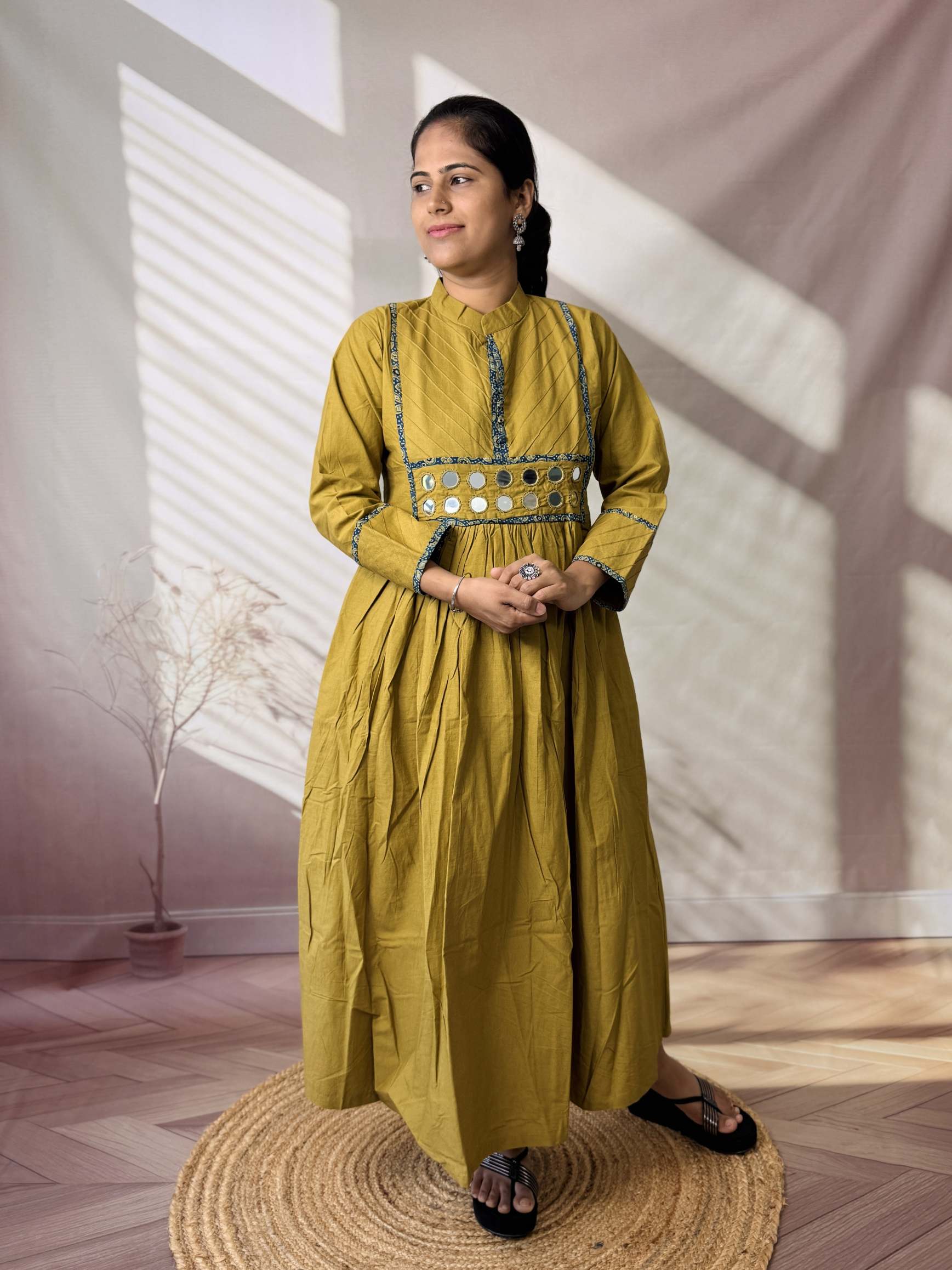 Preet Plain Mirror Stand Collar Cotton Long Kurti/One Piece