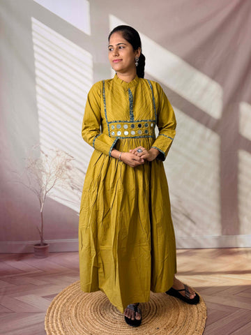 Preet Plain Mirror Stand Collar Cotton Long Kurti/One Piece