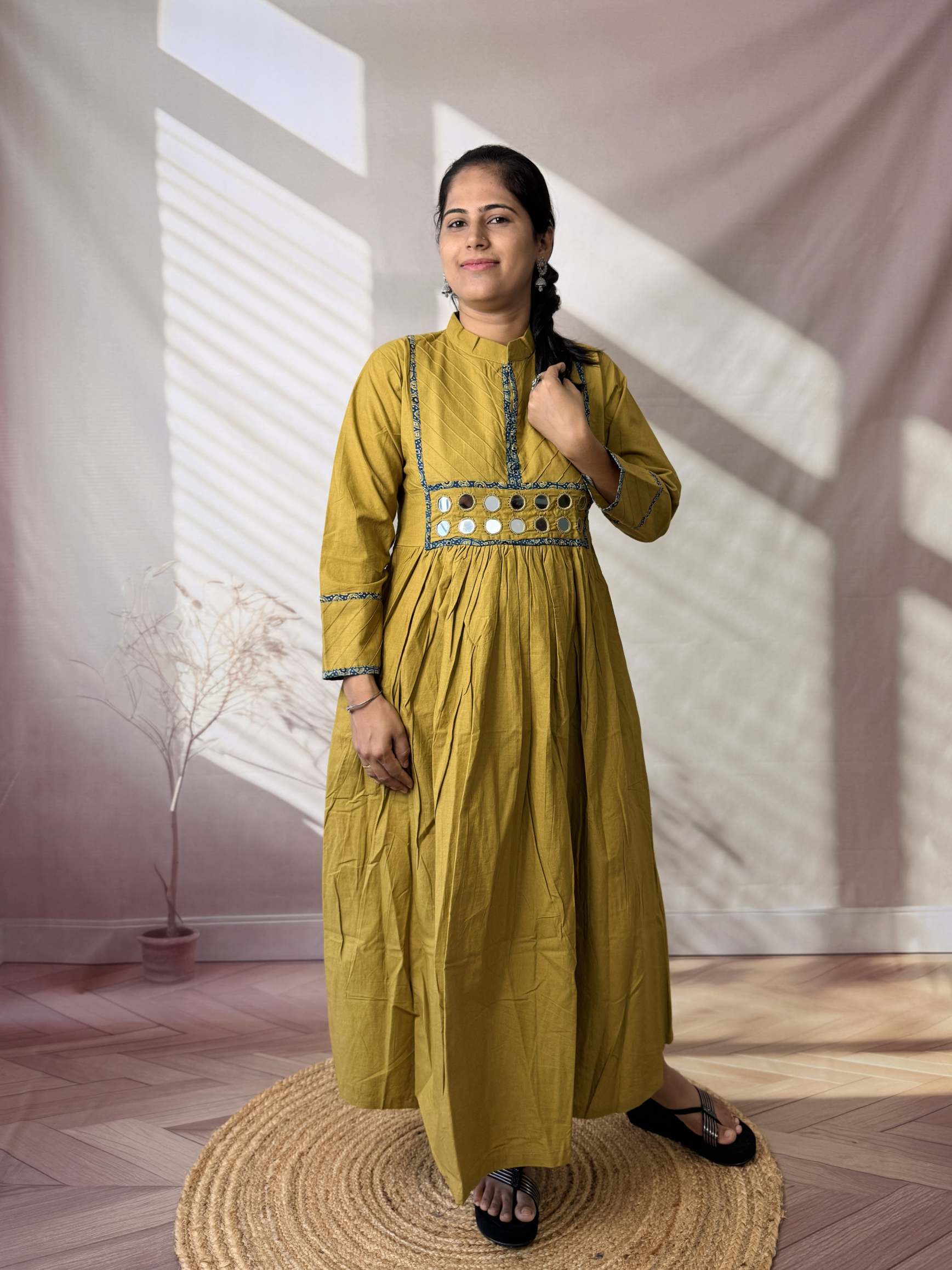 Preet Plain Mirror Stand Collar Cotton Long Kurti/One Piece