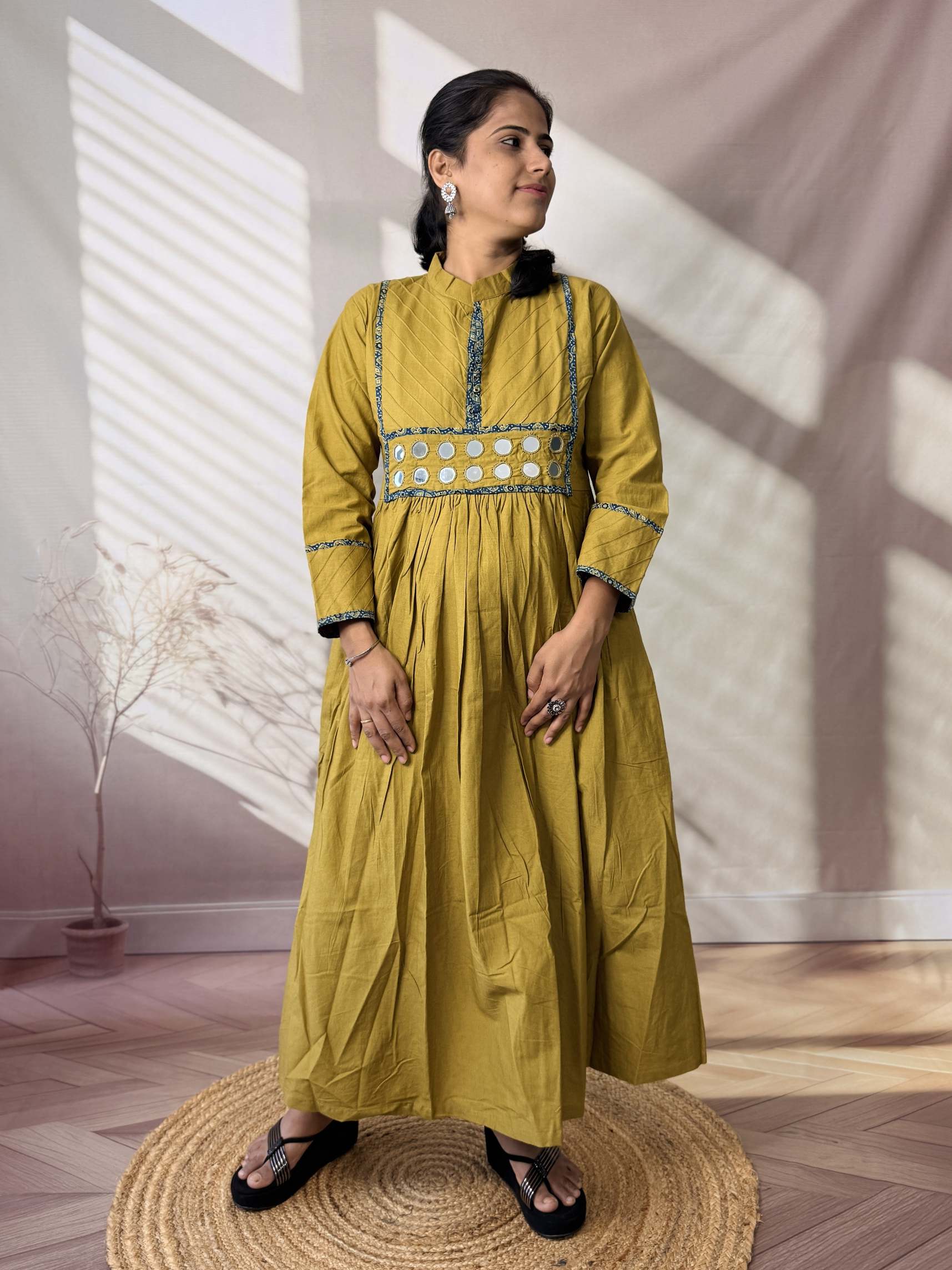 Preet Plain Mirror Stand Collar Cotton Long Kurti/One Piece
