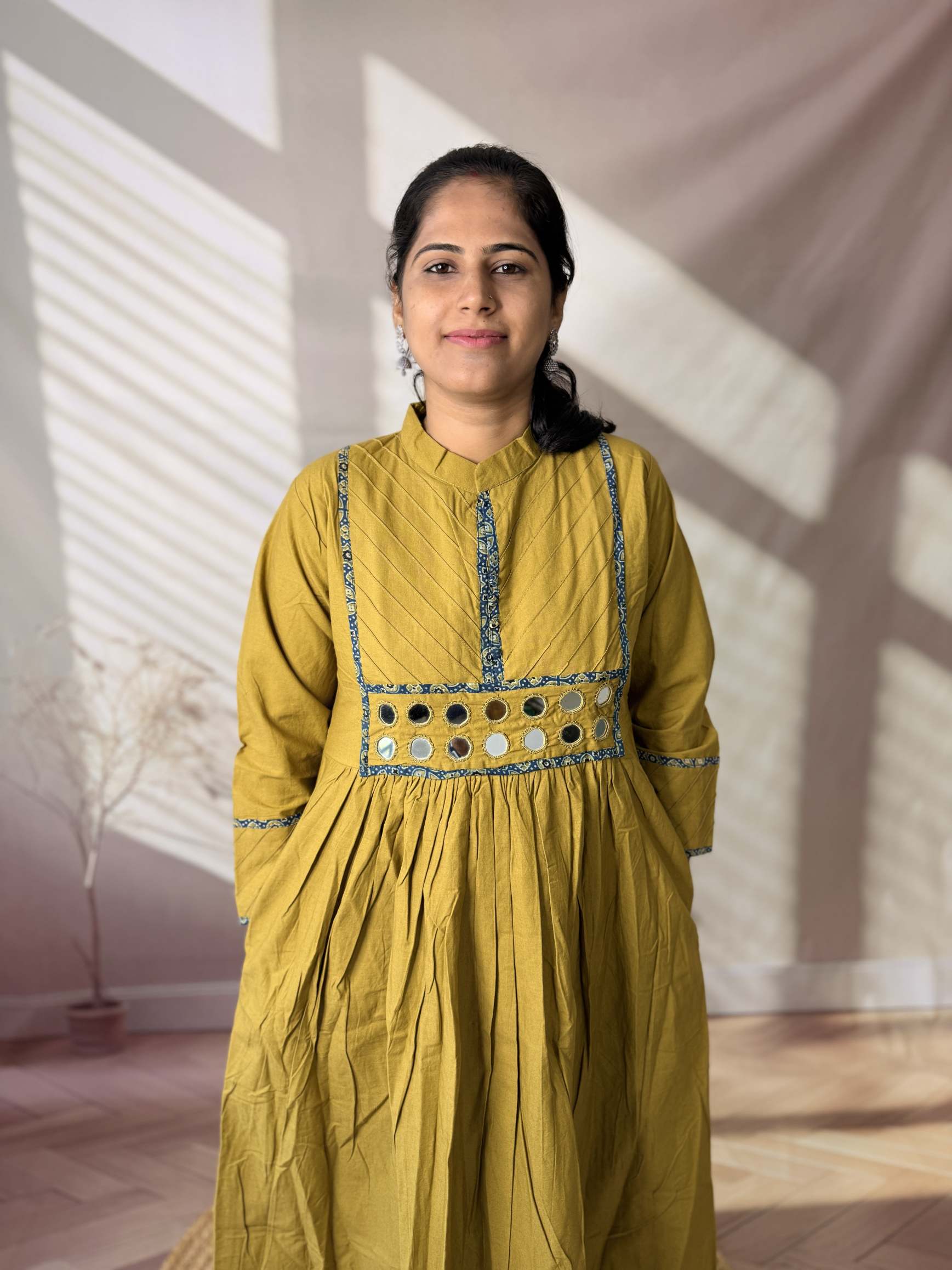 Preet Plain Mirror Stand Collar Cotton Long Kurti/One Piece