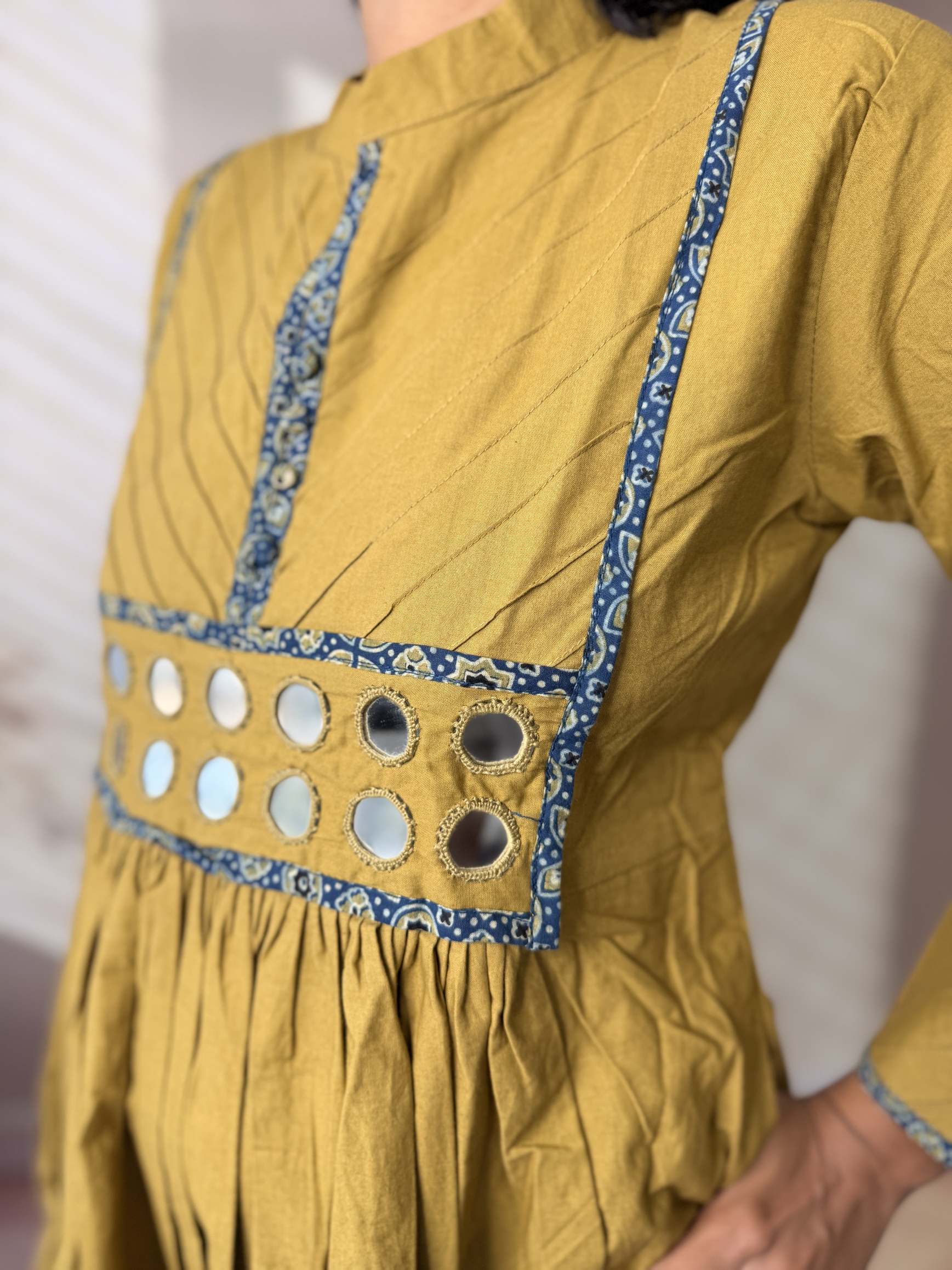 Preet Plain Mirror Stand Collar Cotton Long Kurti/One Piece