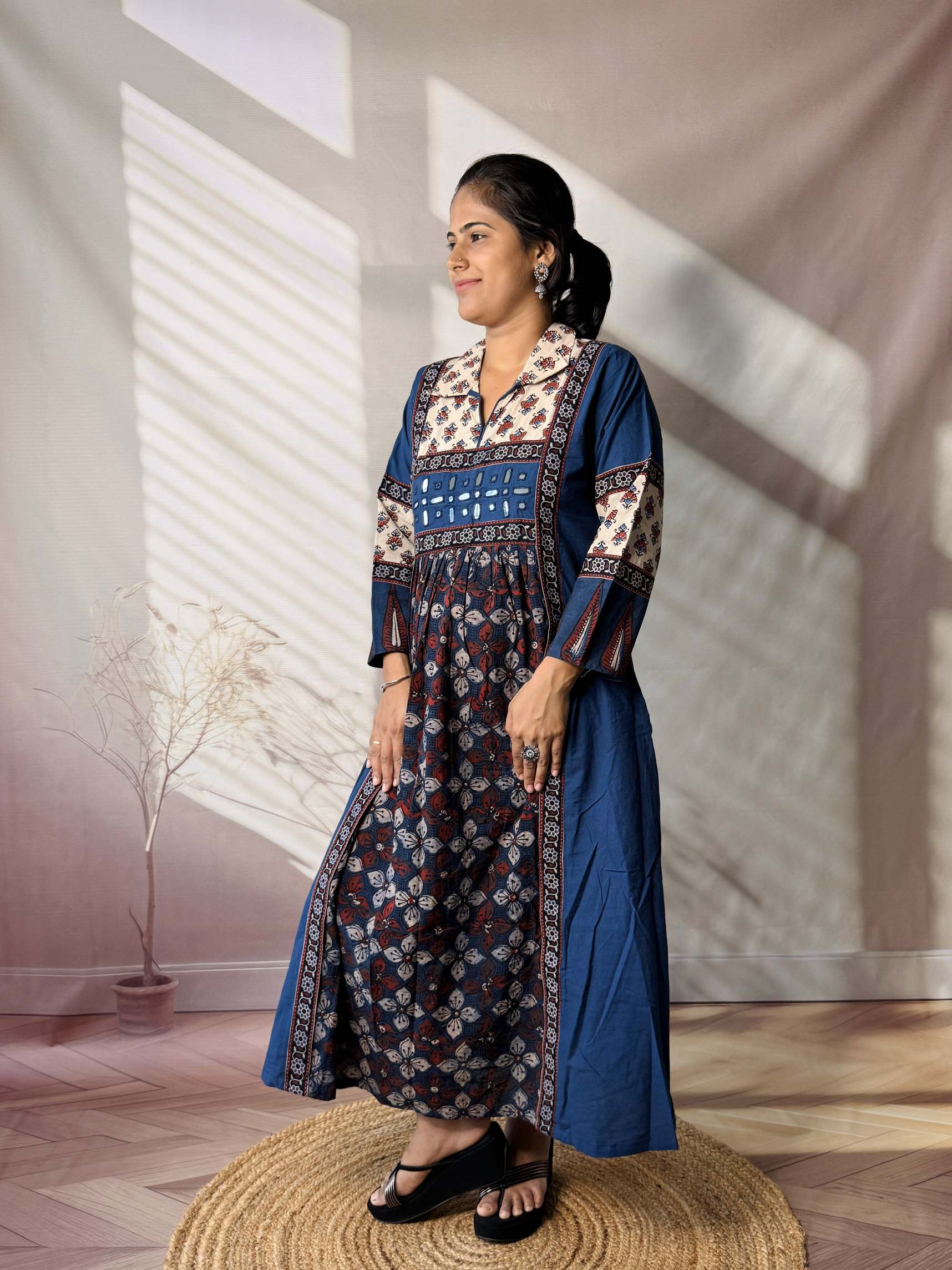 Riya Ajarakh Plain Mirror & Collar Cotton  Long Kurti/One Piece