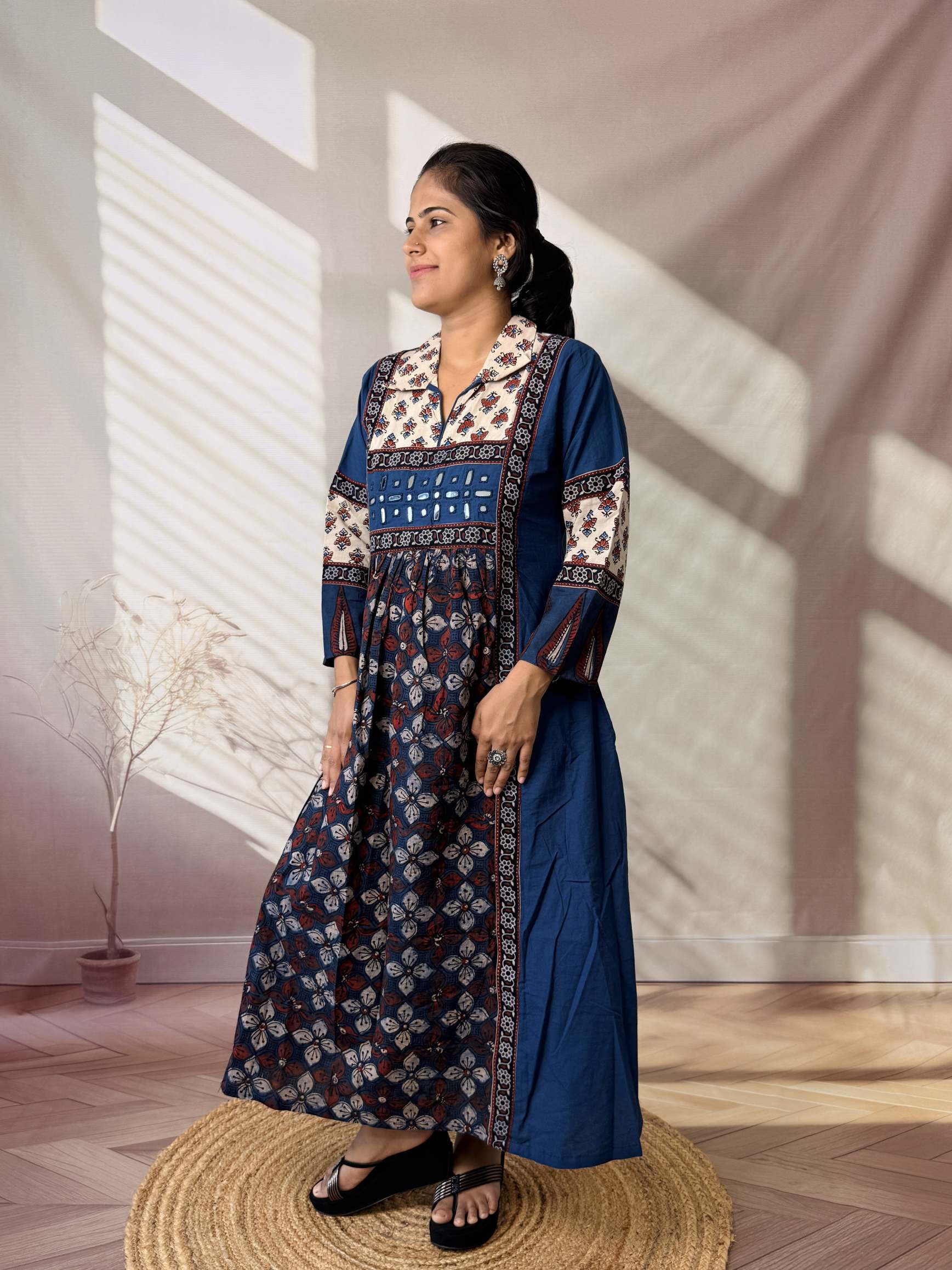 Riya Ajarakh Plain Mirror & Collar Cotton  Long Kurti/One Piece