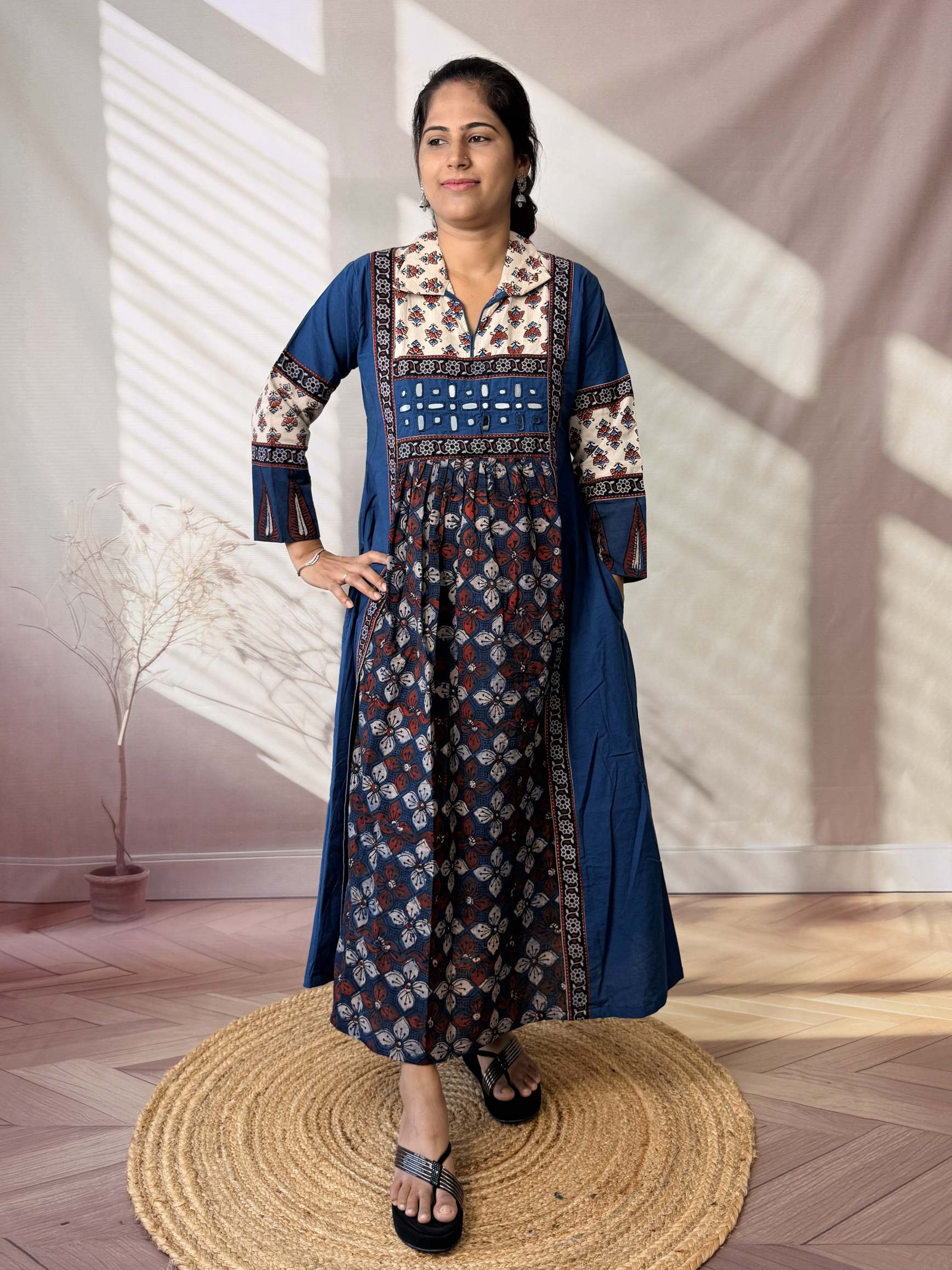 Riya Ajarakh Plain Mirror & Collar Cotton  Long Kurti/One Piece