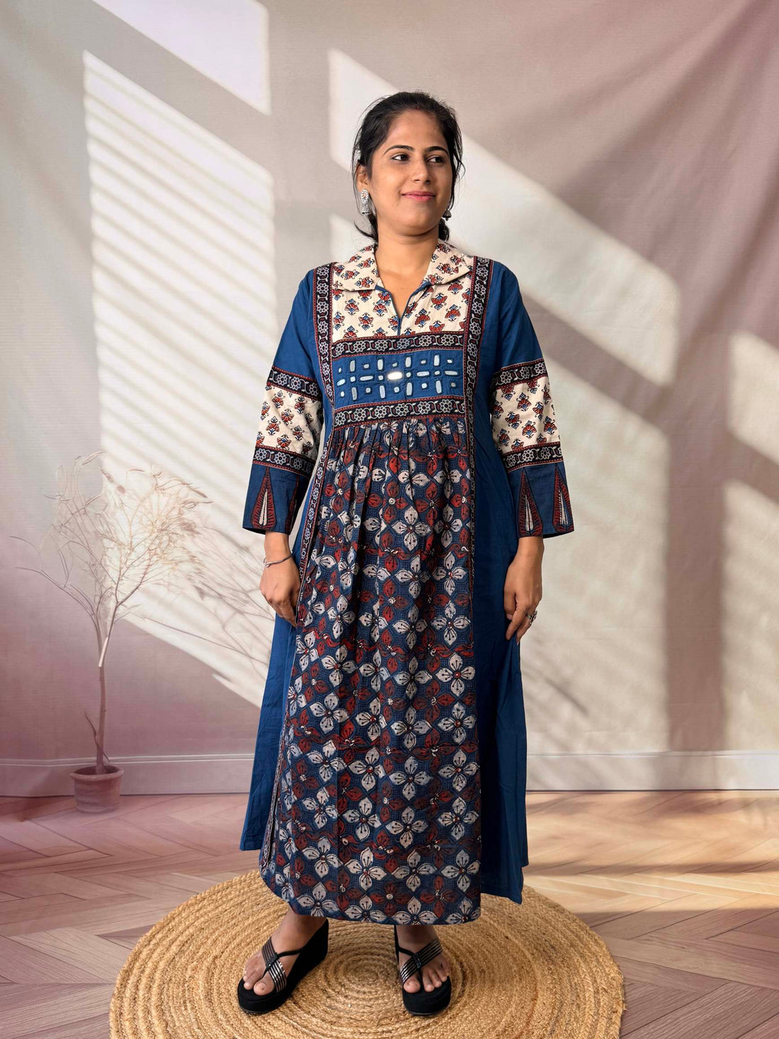 Riya Ajarakh Plain Mirror & Collar Cotton  Long Kurti/One Piece