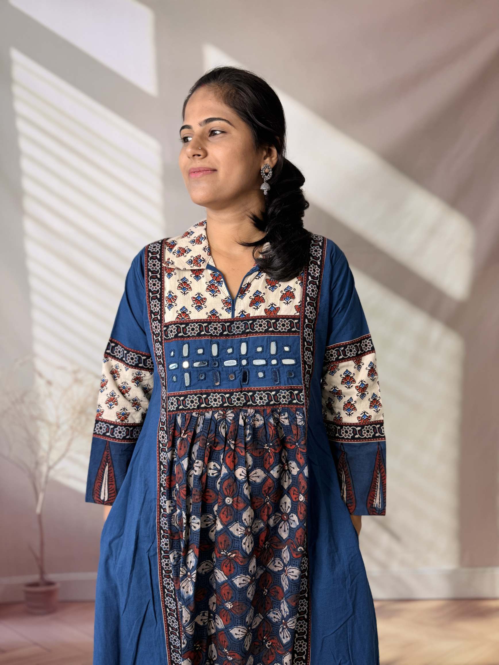 Riya Ajarakh Plain Mirror & Collar Cotton  Long Kurti/One Piece