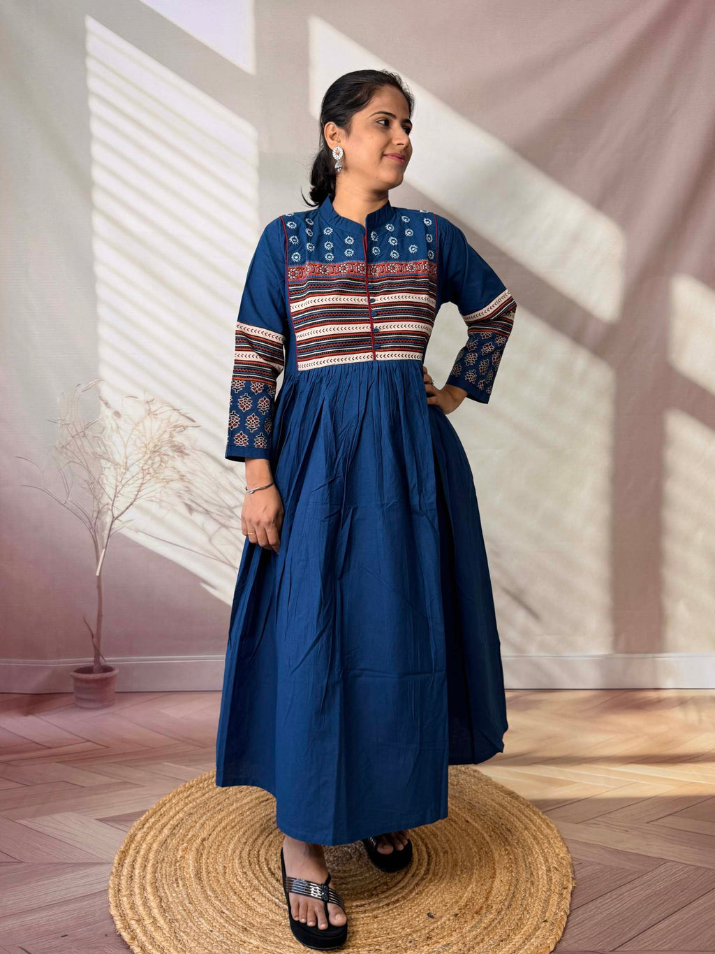 Reeva Ajarakh Plain Kutch Mirror Cotton Long Kurti/One Piece