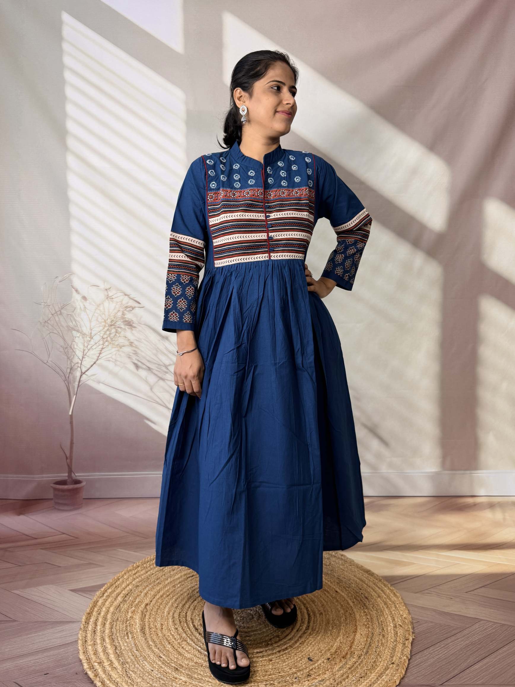 Reeva Ajarakh Plain Kutch Mirror Cotton Long Kurti/One Piece