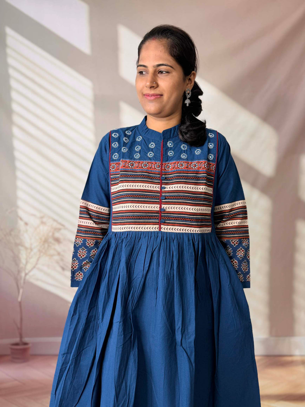 Reeva Ajarakh Plain Kutch Mirror Cotton Long Kurti/One Piece