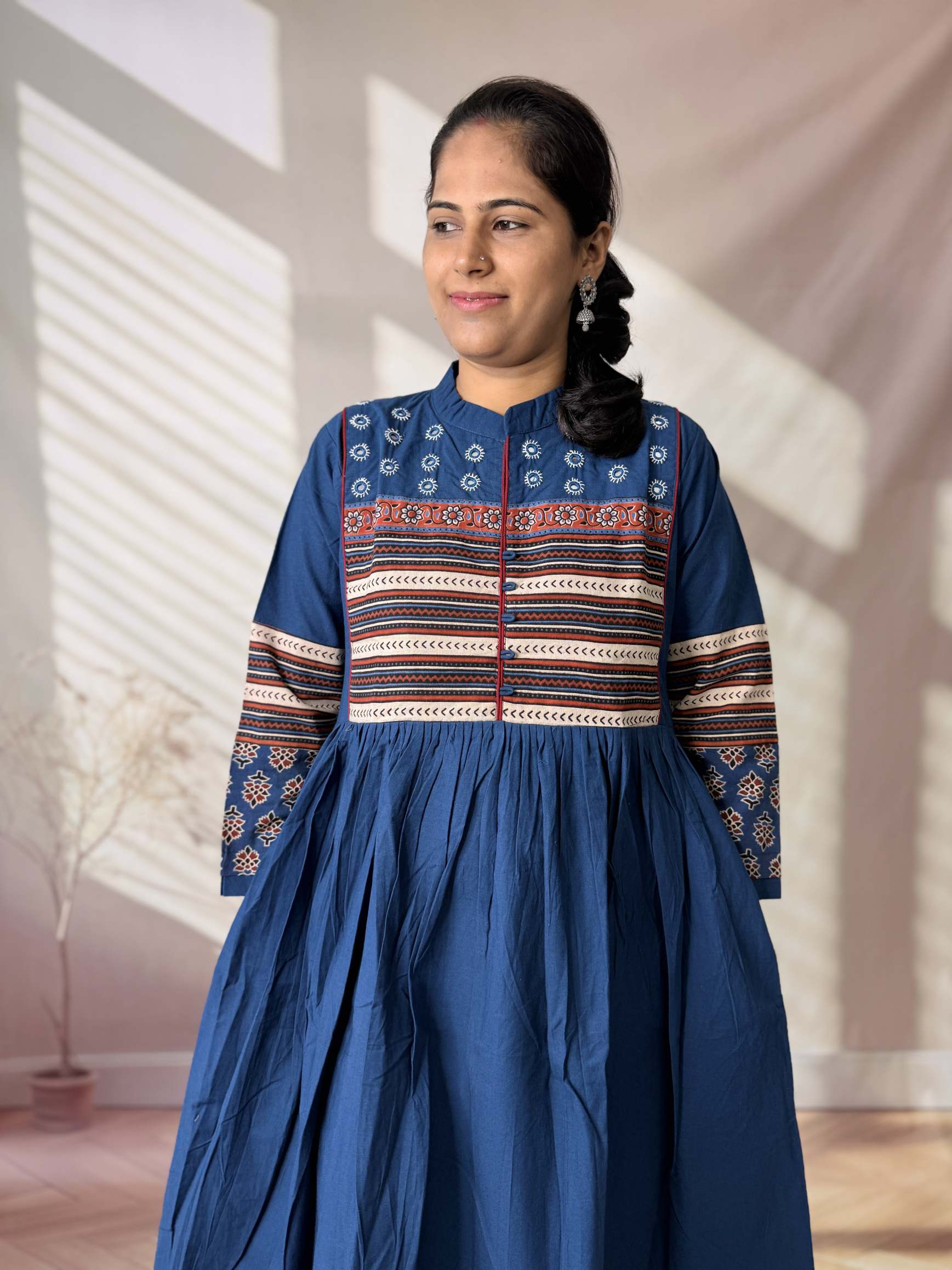 Reeva Ajarakh Plain Kutch Mirror Cotton Long Kurti/One Piece
