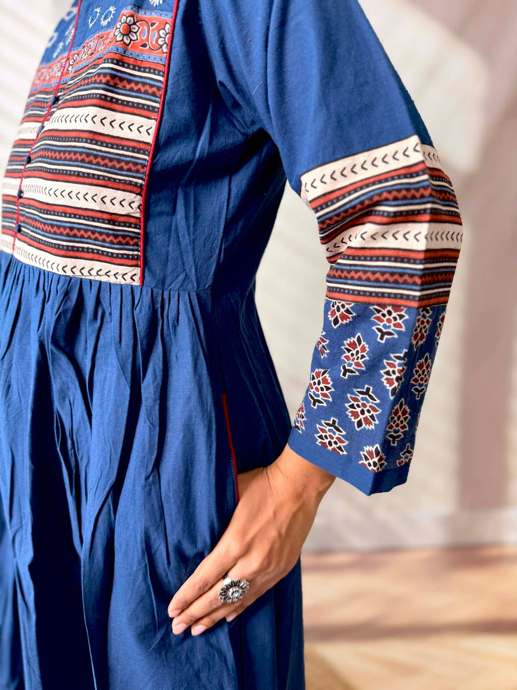 Reeva Ajarakh Plain Kutch Mirror Cotton Long Kurti/One Piece