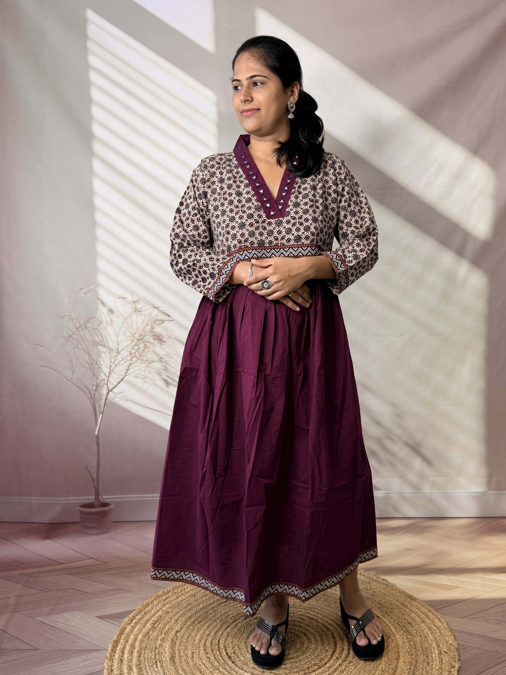 Anni Ajarakh Plain Mirror V Neck Cotton Long Kurti/One Piece