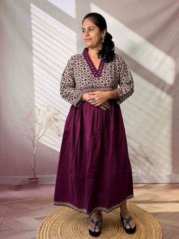 Anni Ajarakh Plain Mirror V Neck Cotton Long Kurti/One Piece