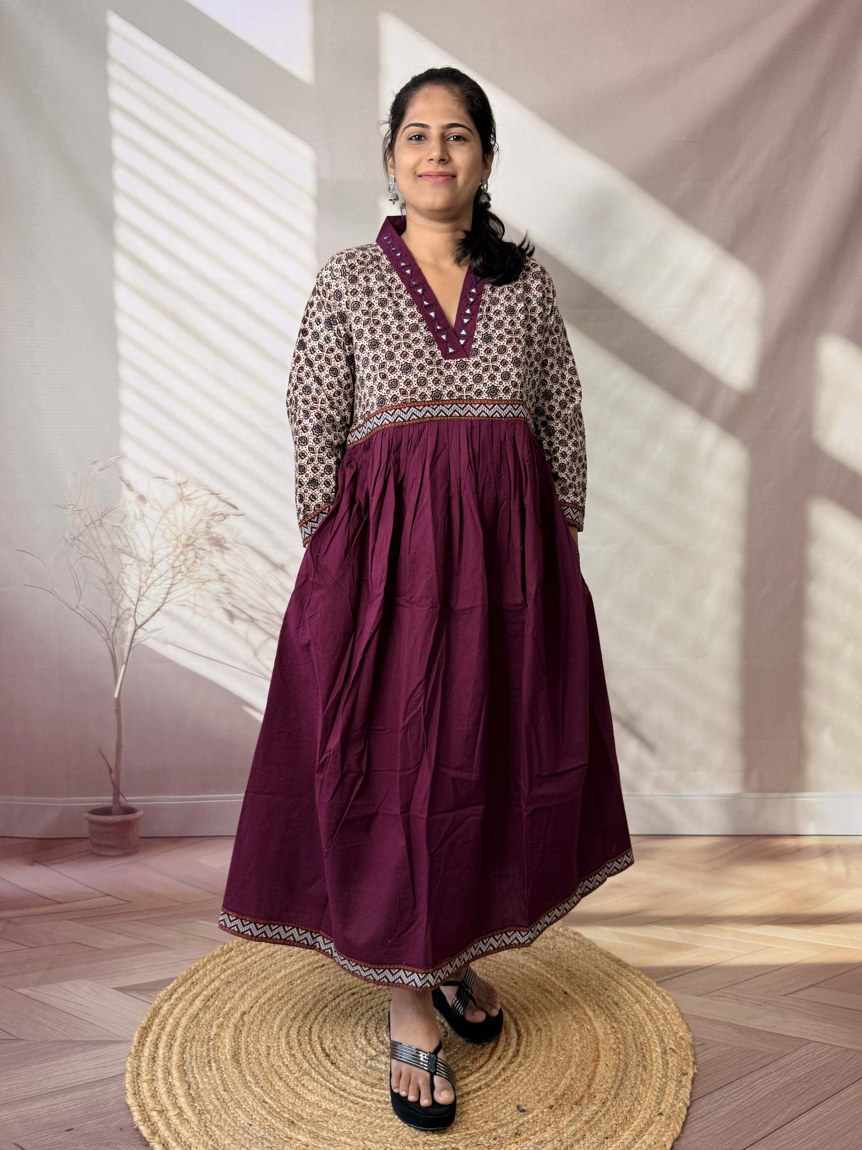 Anni Ajarakh Plain Mirror V Neck Cotton Long Kurti/One Piece