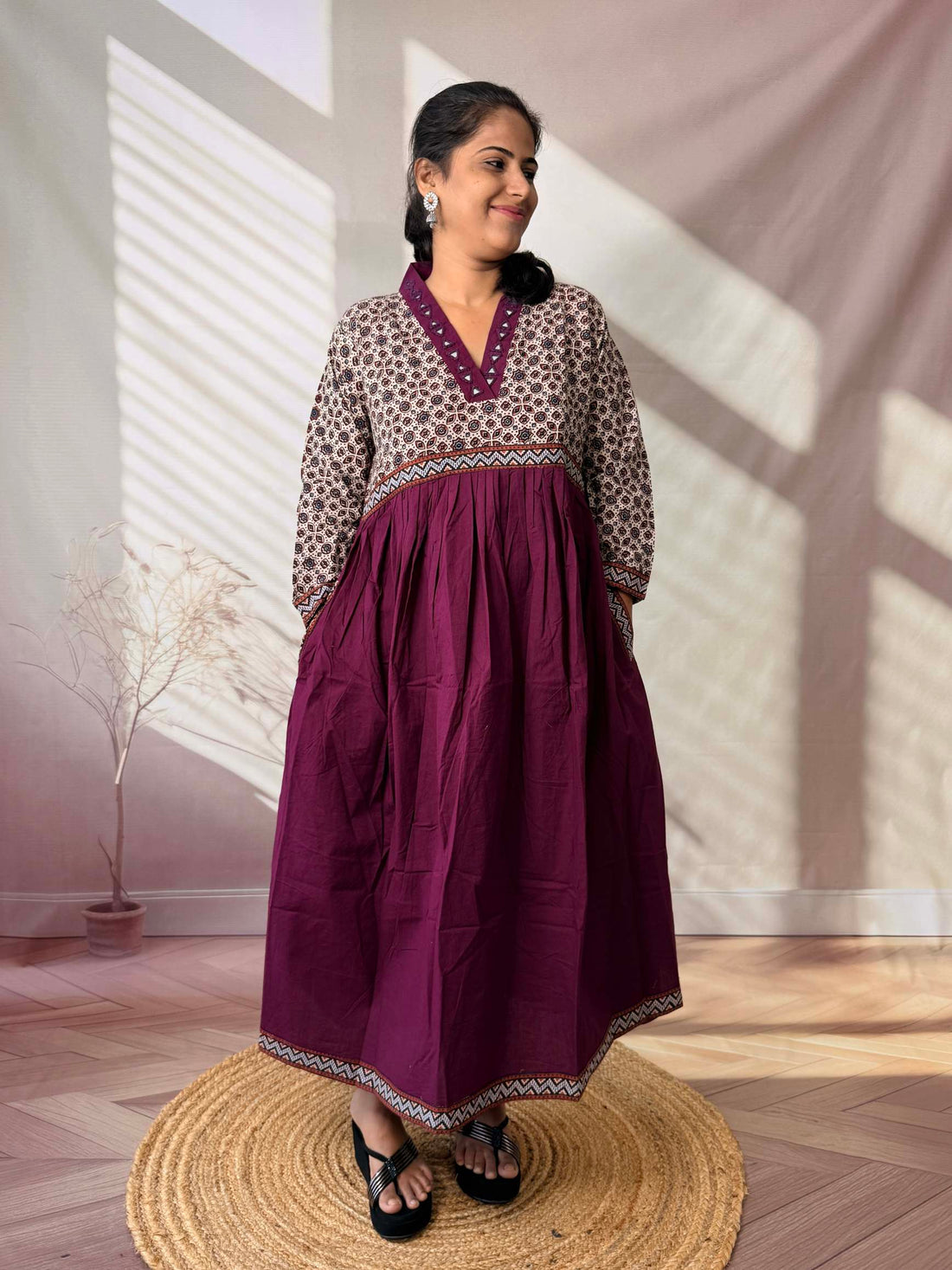 Anni Ajarakh Plain Mirror V Neck Cotton Long Kurti/One Piece
