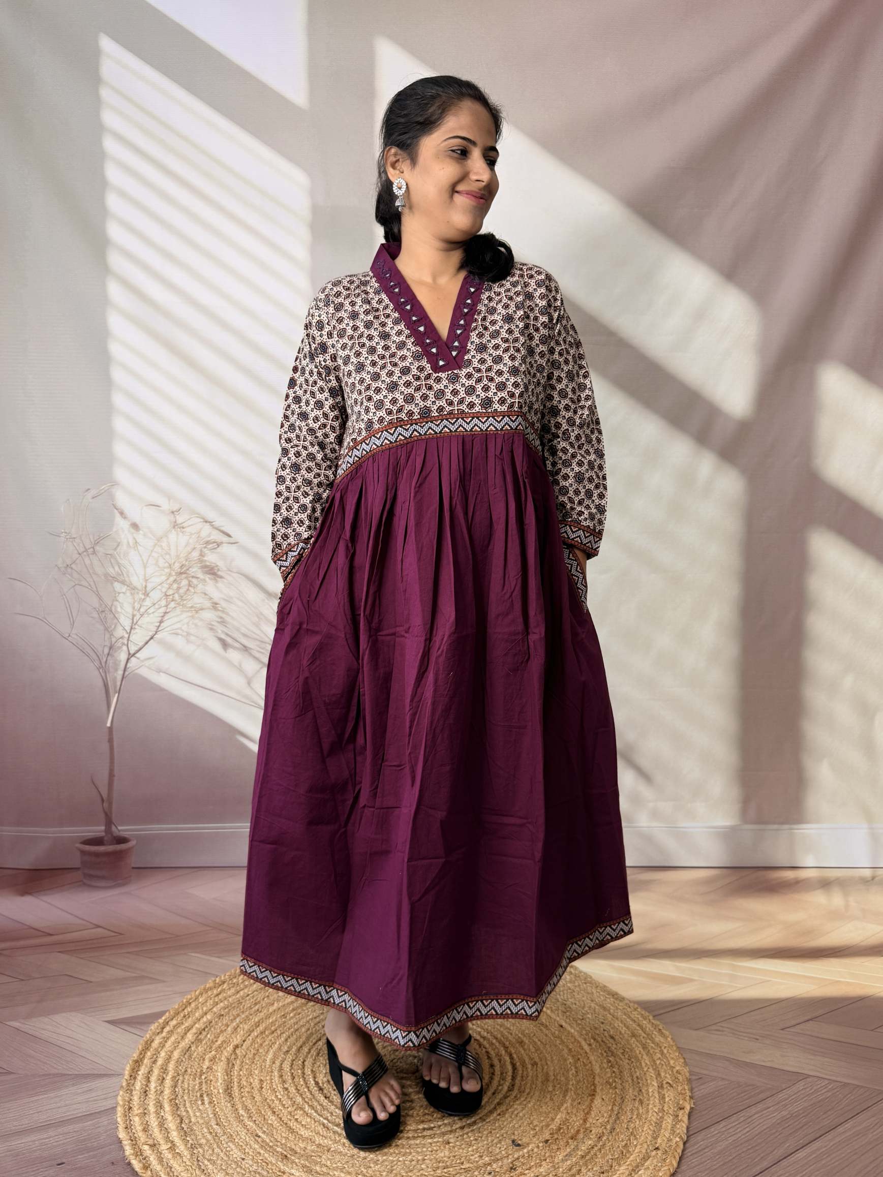Anni Ajarakh Plain Mirror V Neck Cotton Long Kurti/One Piece