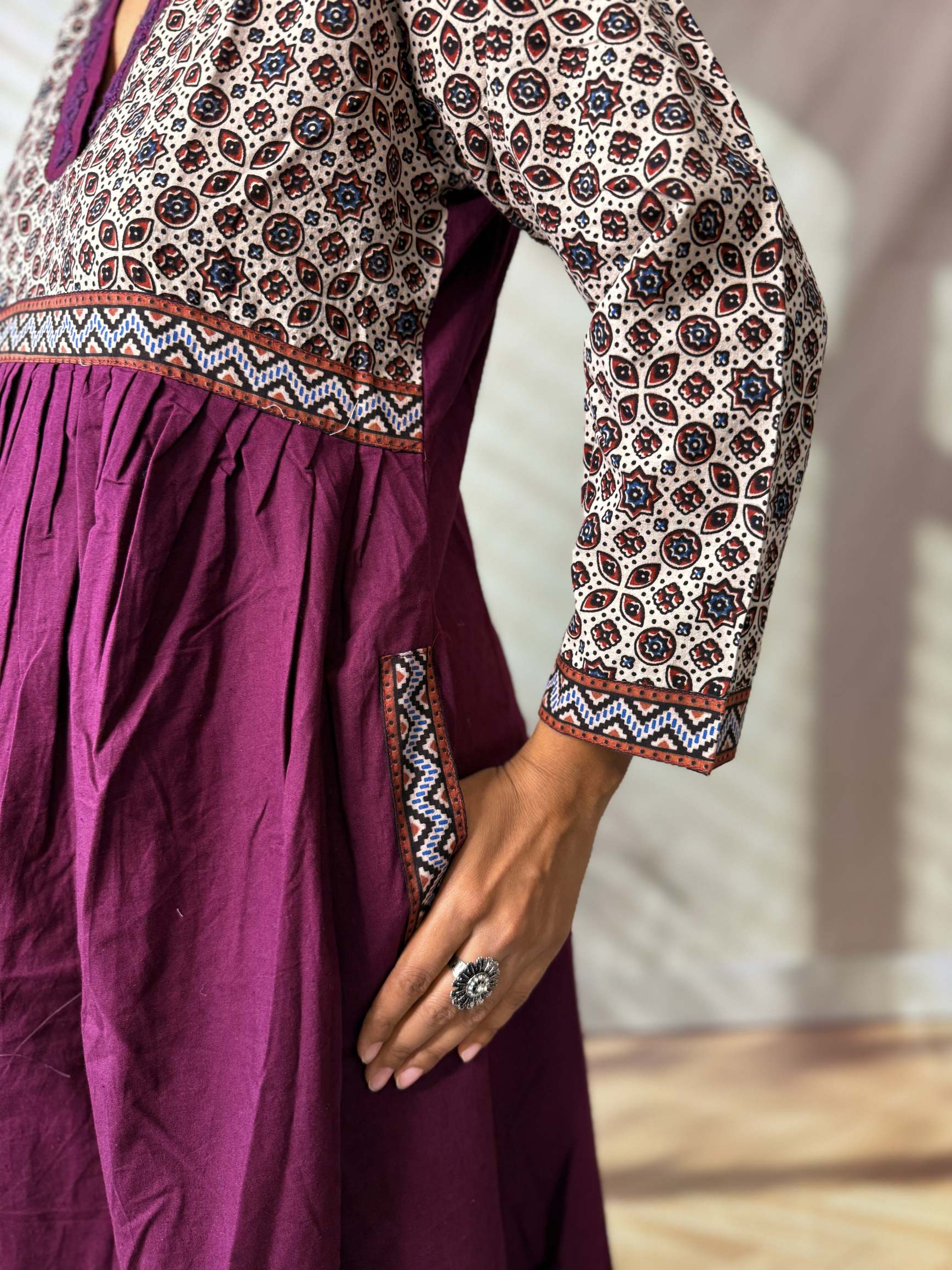 Anni Ajarakh Plain Mirror V Neck Cotton Long Kurti/One Piece