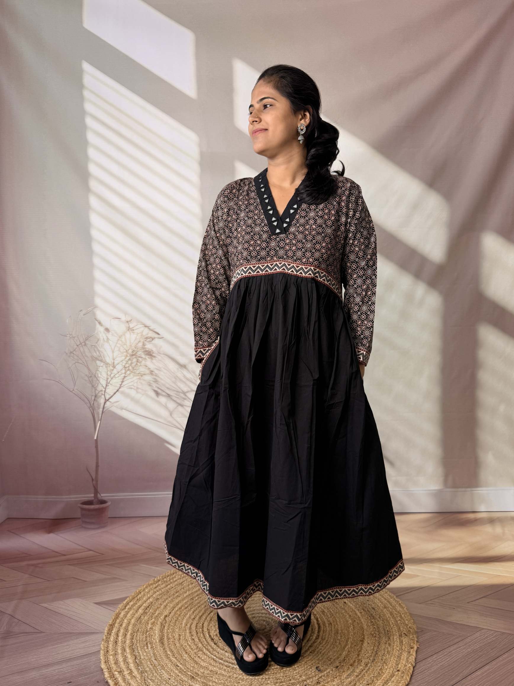 Anni Ajarakh Plain Mirror V Neck Cotton Long Kurti/One Piece