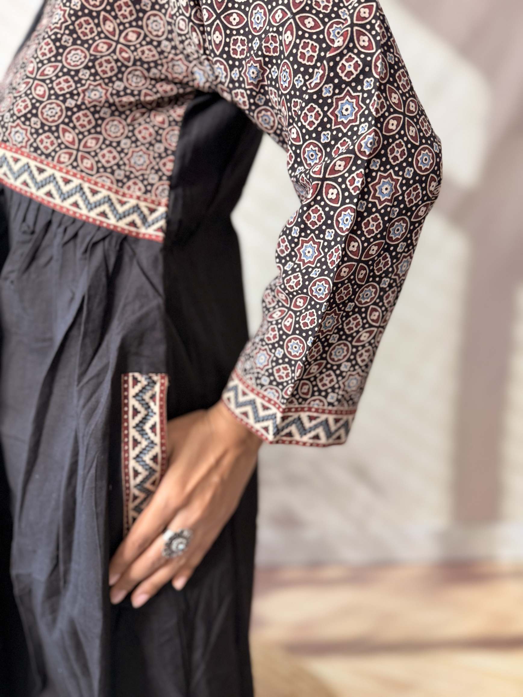 Anni Ajarakh Plain Mirror V Neck Cotton Long Kurti/One Piece