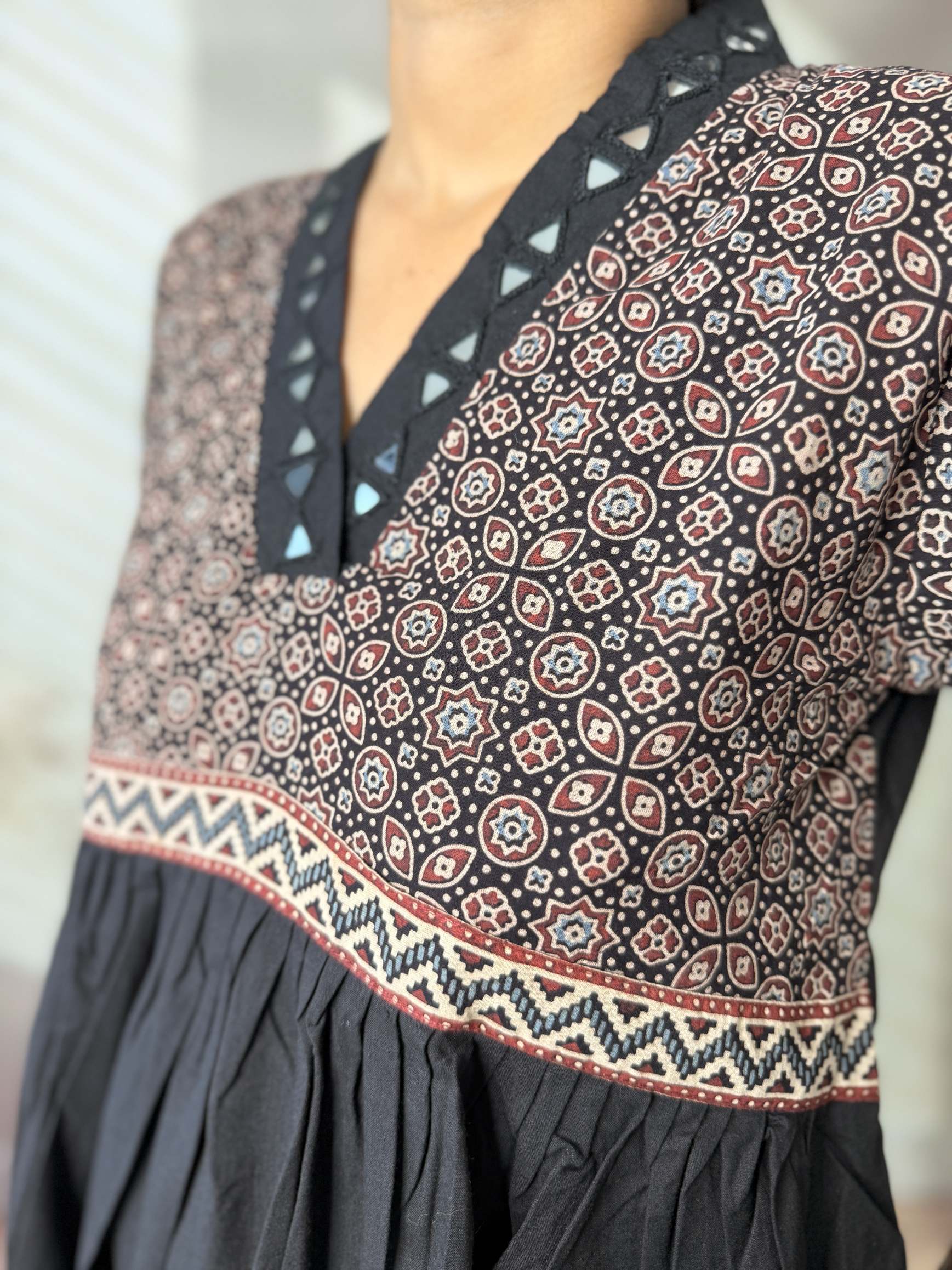 Anni Ajarakh Plain Mirror V Neck Cotton Long Kurti/One Piece