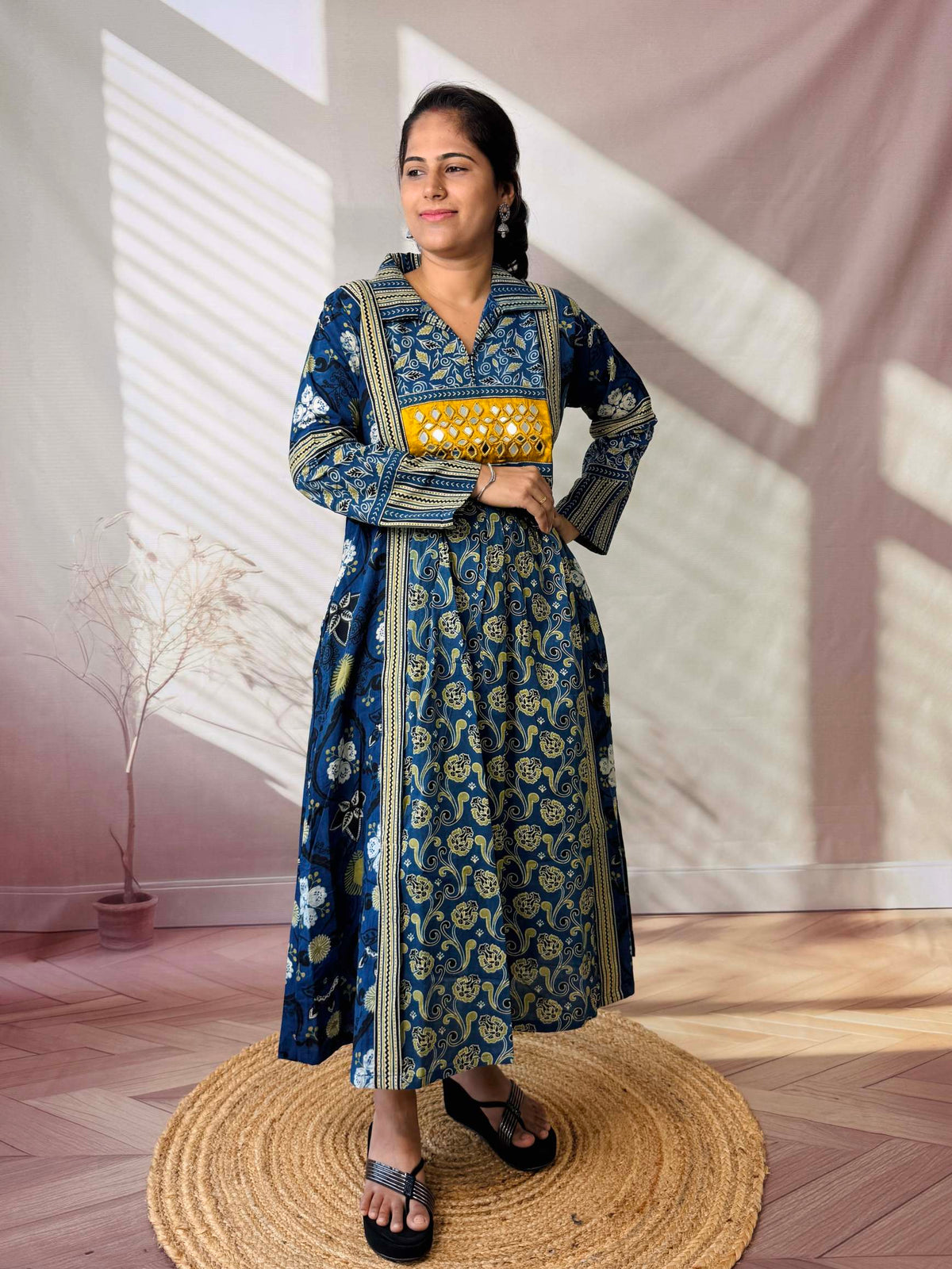 Swara Ajarakh Flap Collar & Mirror Cotton Long Kurti/One Piece