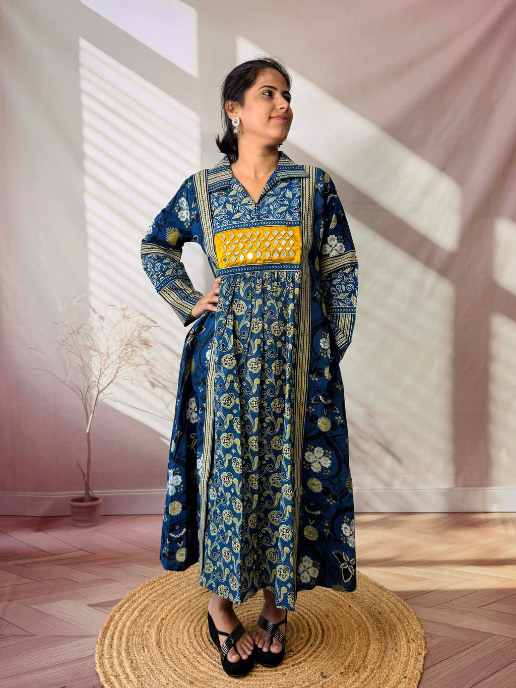 Swara Ajarakh Flap Collar & Mirror Cotton Long Kurti/One Piece