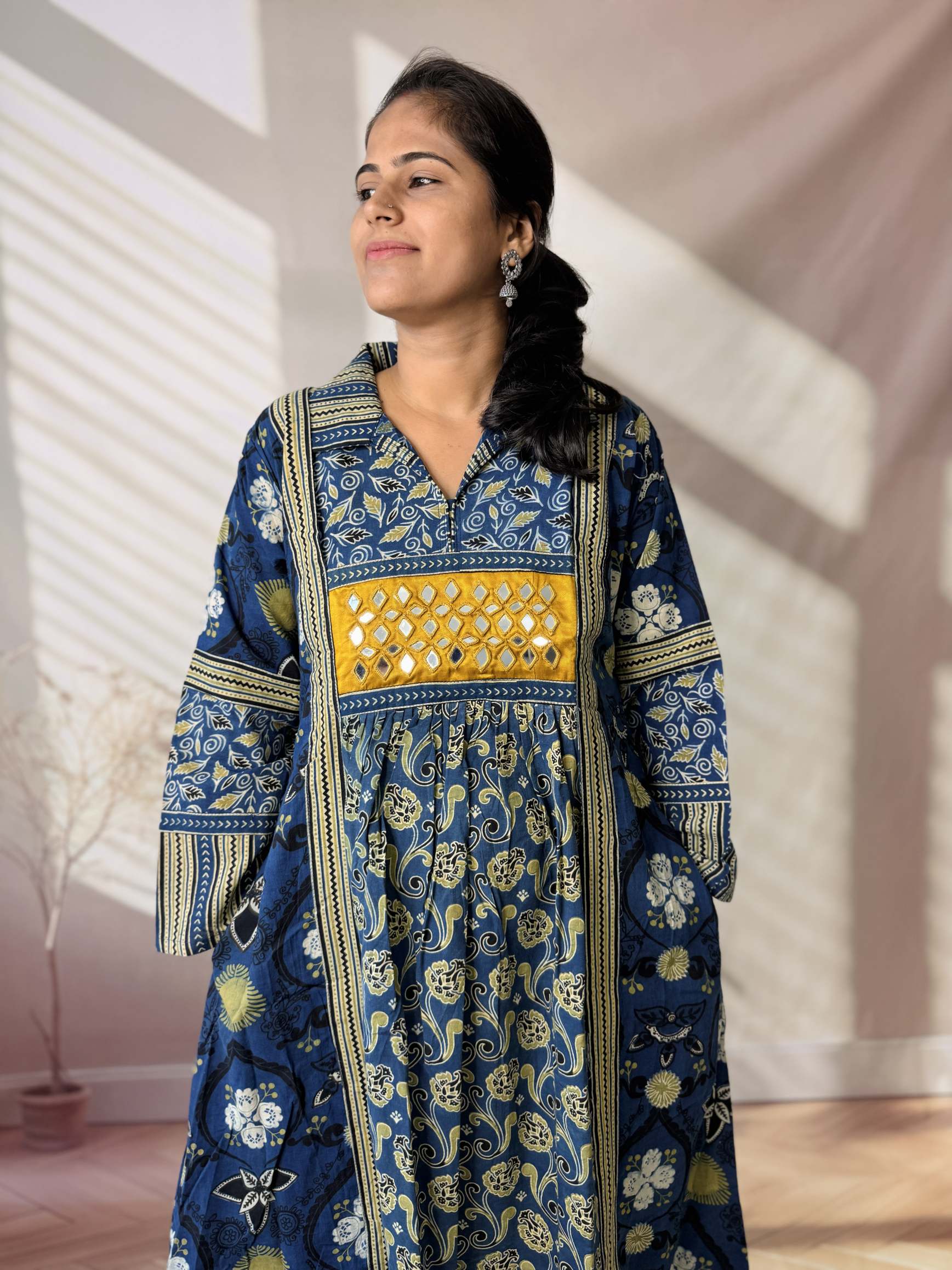 Swara Ajarakh Flap Collar & Mirror Cotton Long Kurti/One Piece